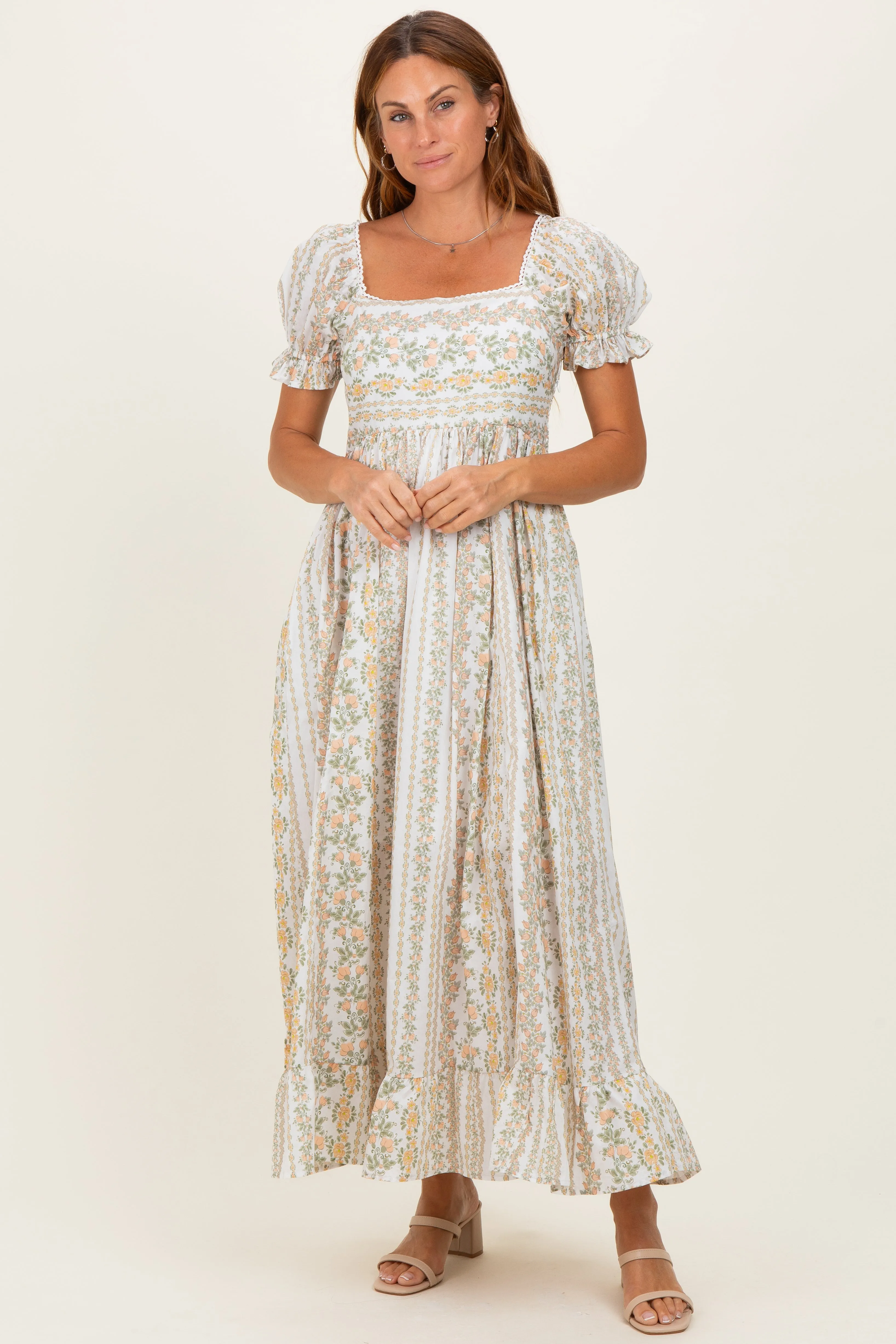Peach Floral Puff Sleeve Lace Trim Maxi Dress sold by Pinkblush