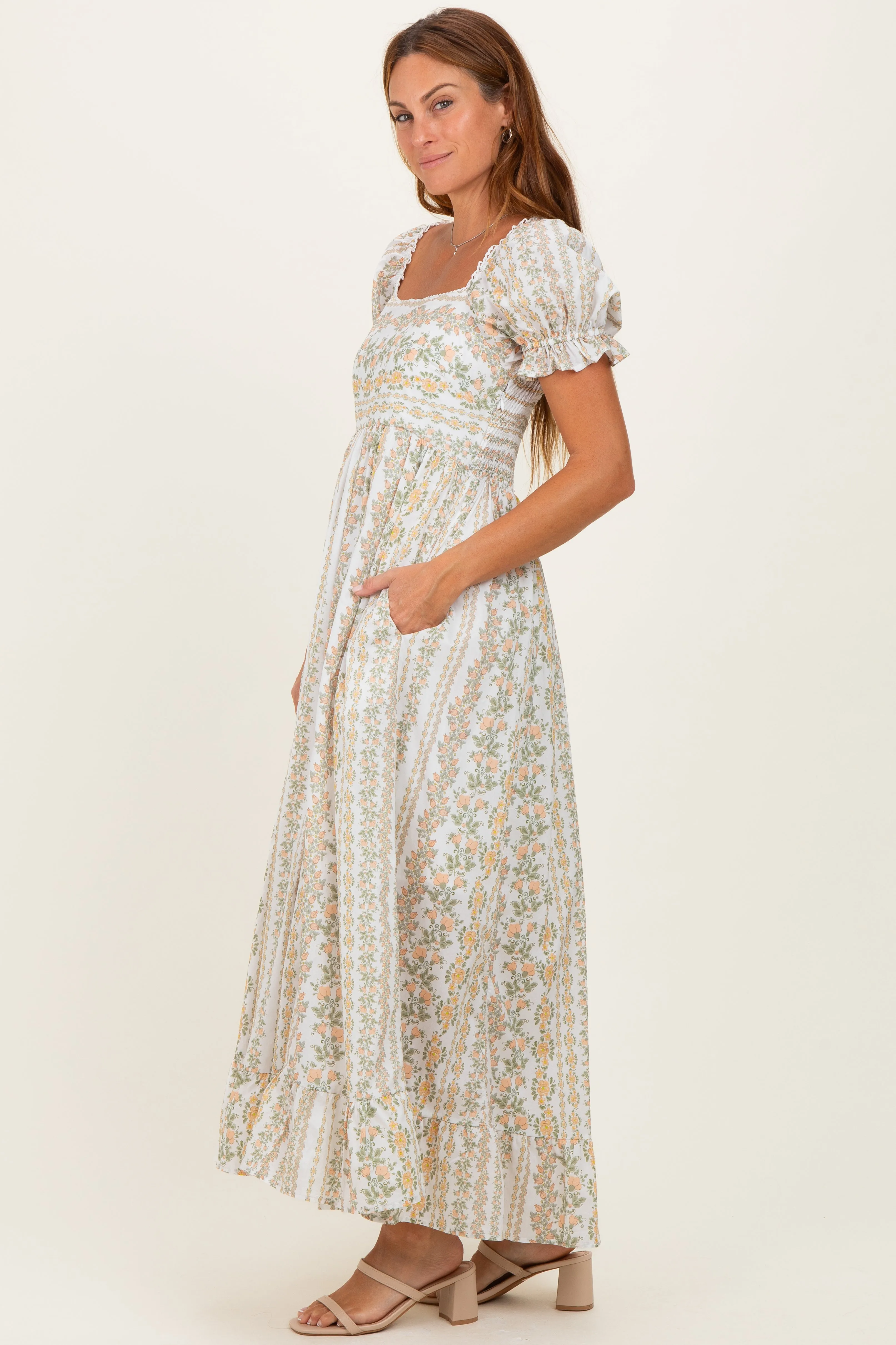 Peach Floral Puff Sleeve Lace Trim Maxi Dress sold by Pinkblush product image thumbnail 2