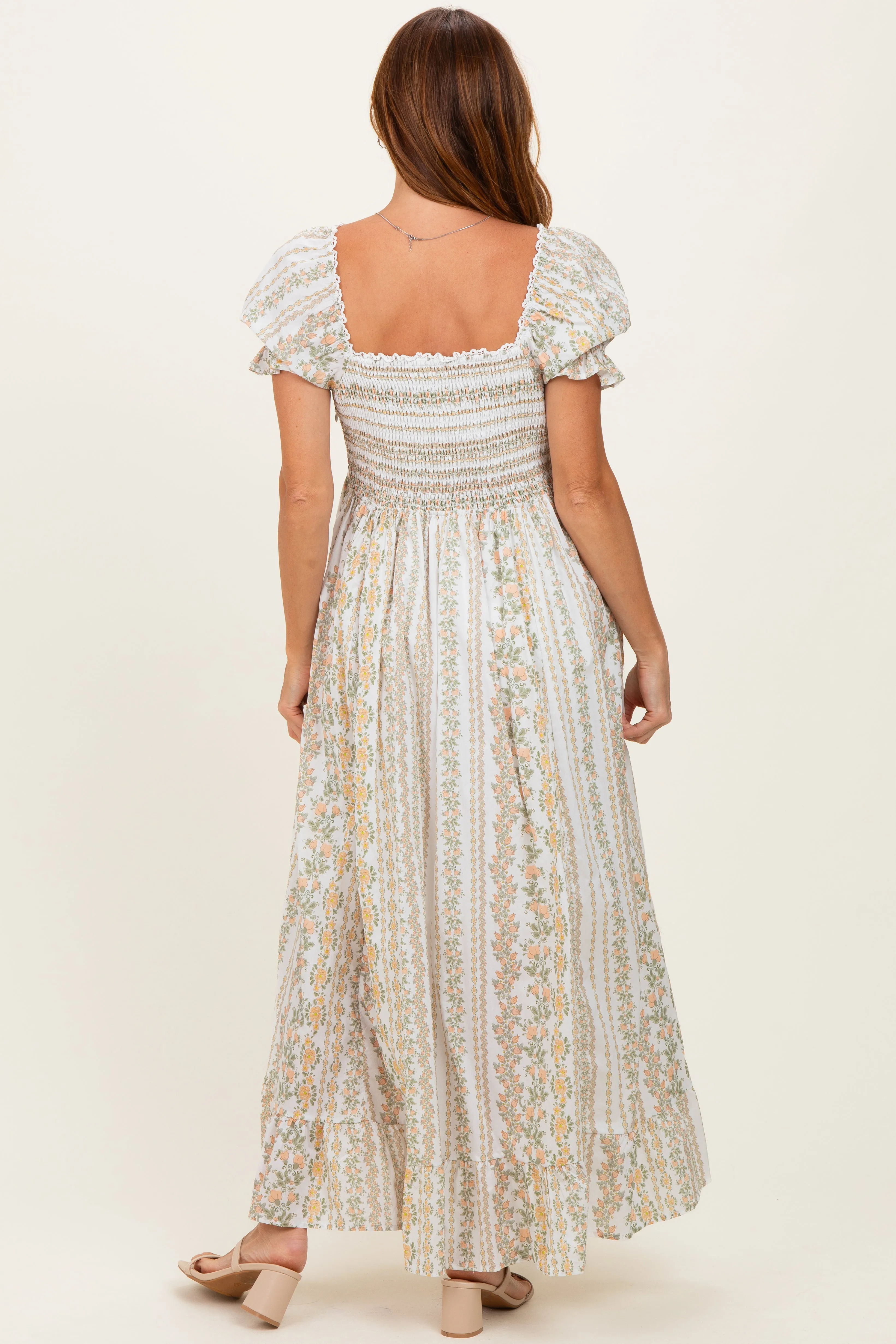 Peach Floral Puff Sleeve Lace Trim Maxi Dress sold by Pinkblush product image thumbnail 3