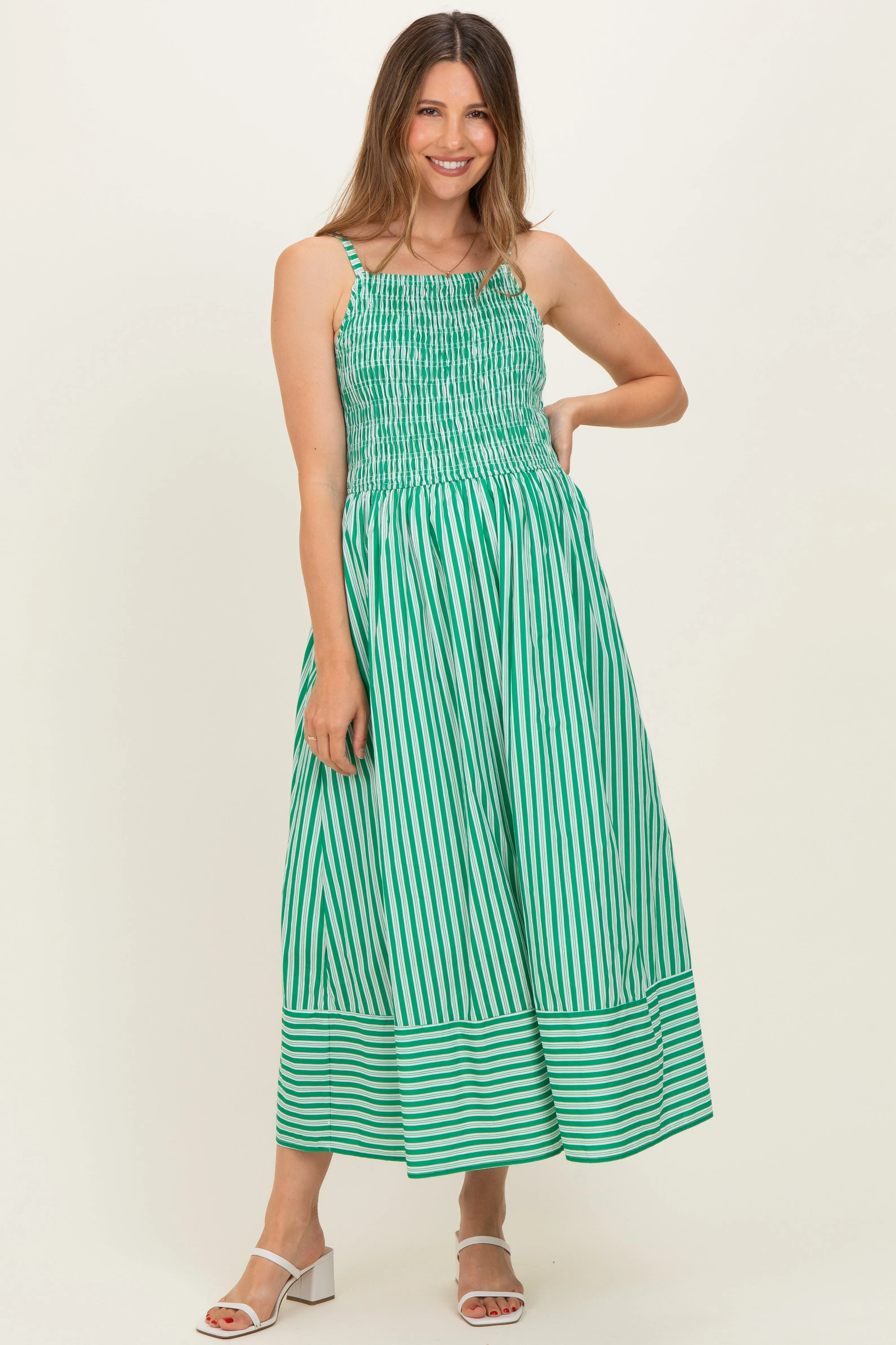 Green Striped Smocked Maternity Midi Dress sold by Pinkblush