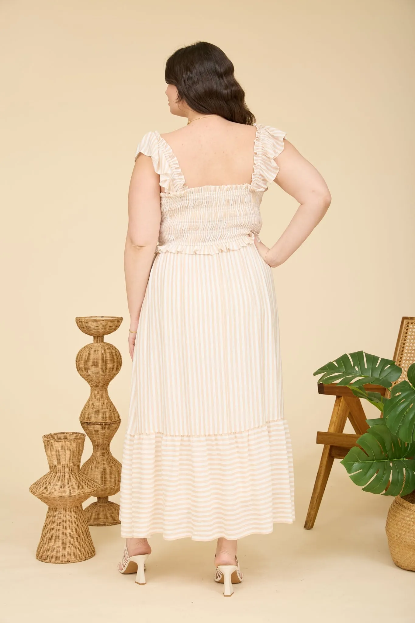 Light Khaki Striped Smocked Plus Midi Dress sold by Pinkblush product image thumbnail 4
