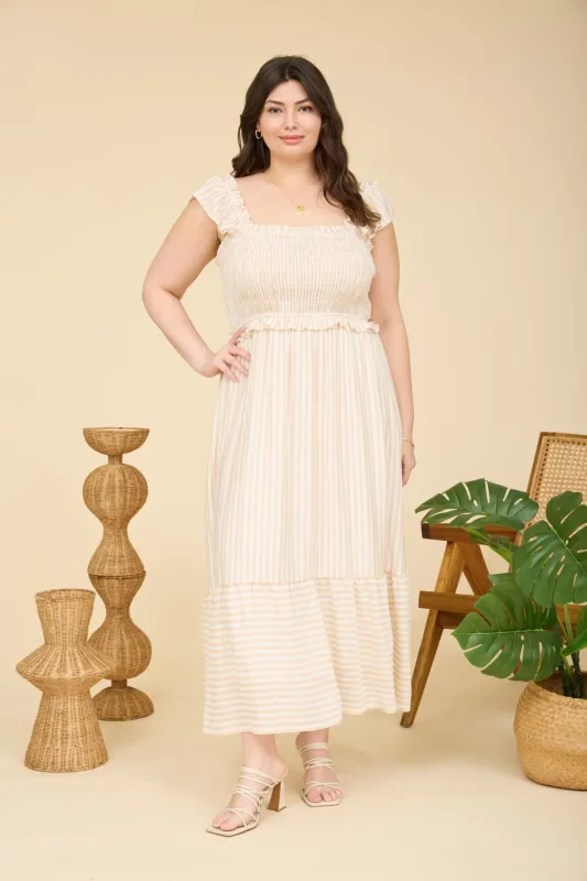 Light Khaki Striped Smocked Plus Midi Dress made by Blu Pepper