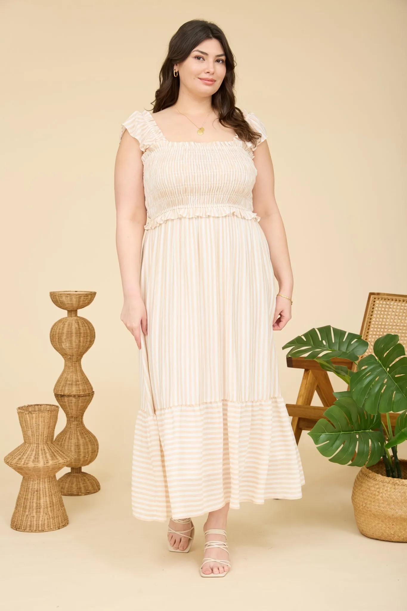 Light Khaki Striped Smocked Plus Midi Dress sold by Pinkblush product image thumbnail 2