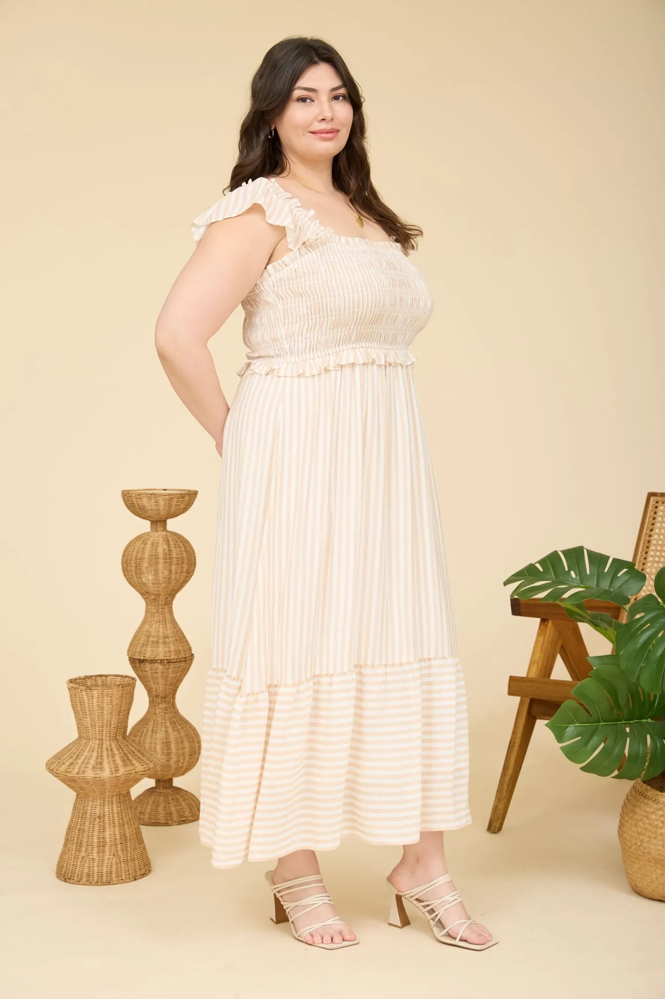 Light Khaki Striped Smocked Plus Midi Dress sold by Pinkblush product image thumbnail 3