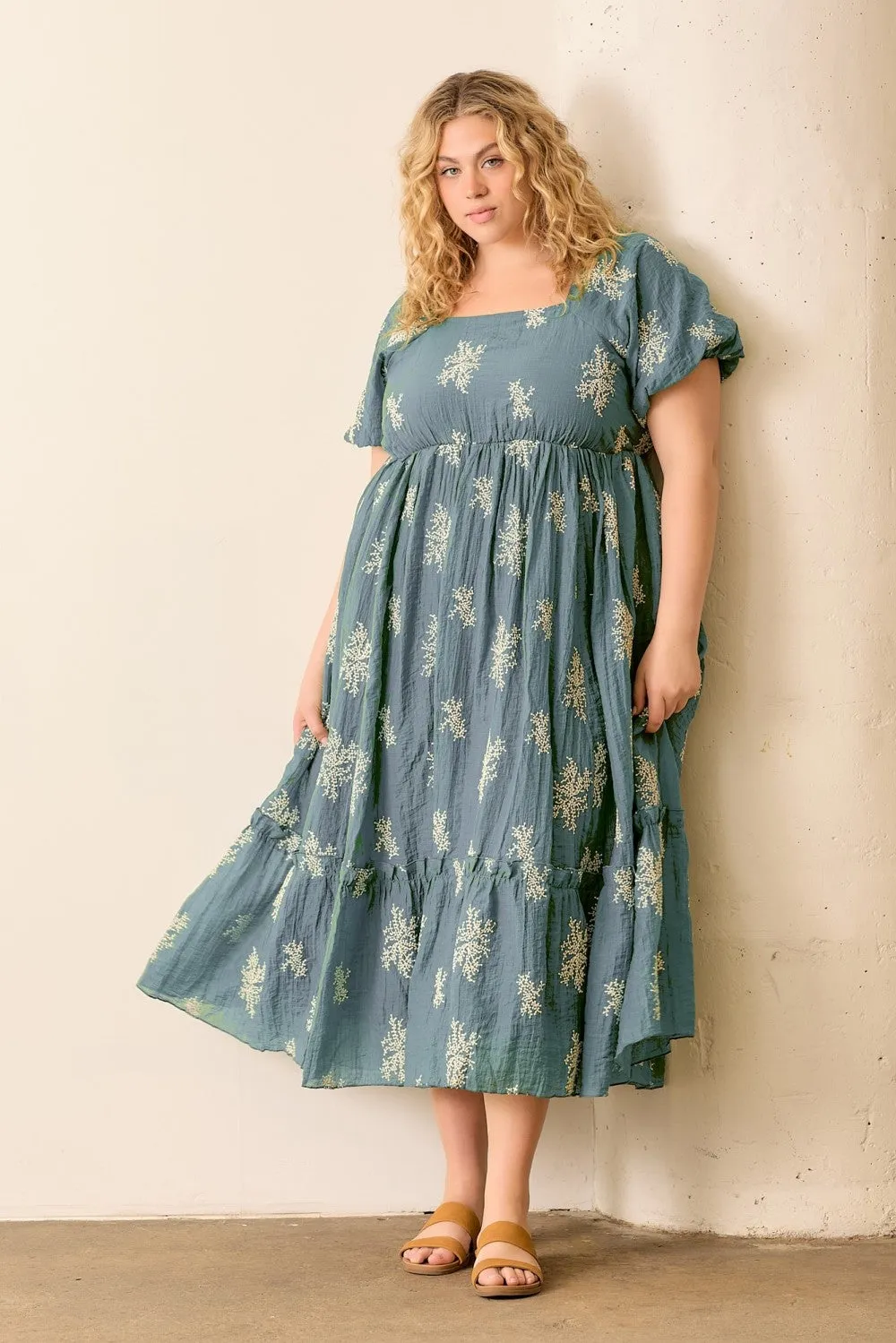 Dusty Blue Floral Print Ruffle Hem Plus Midi Dress sold by Pinkblush