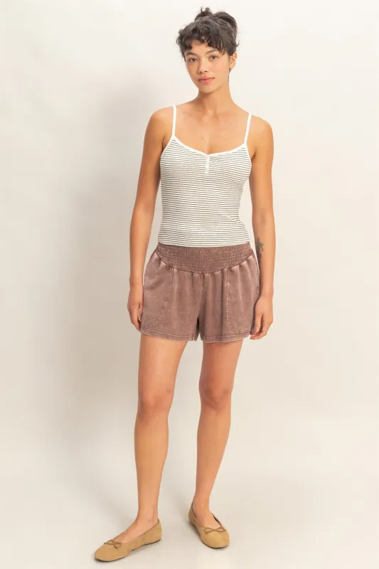 Chocolate Smocked Waist Mineral Wash Shorts made by HYFVE