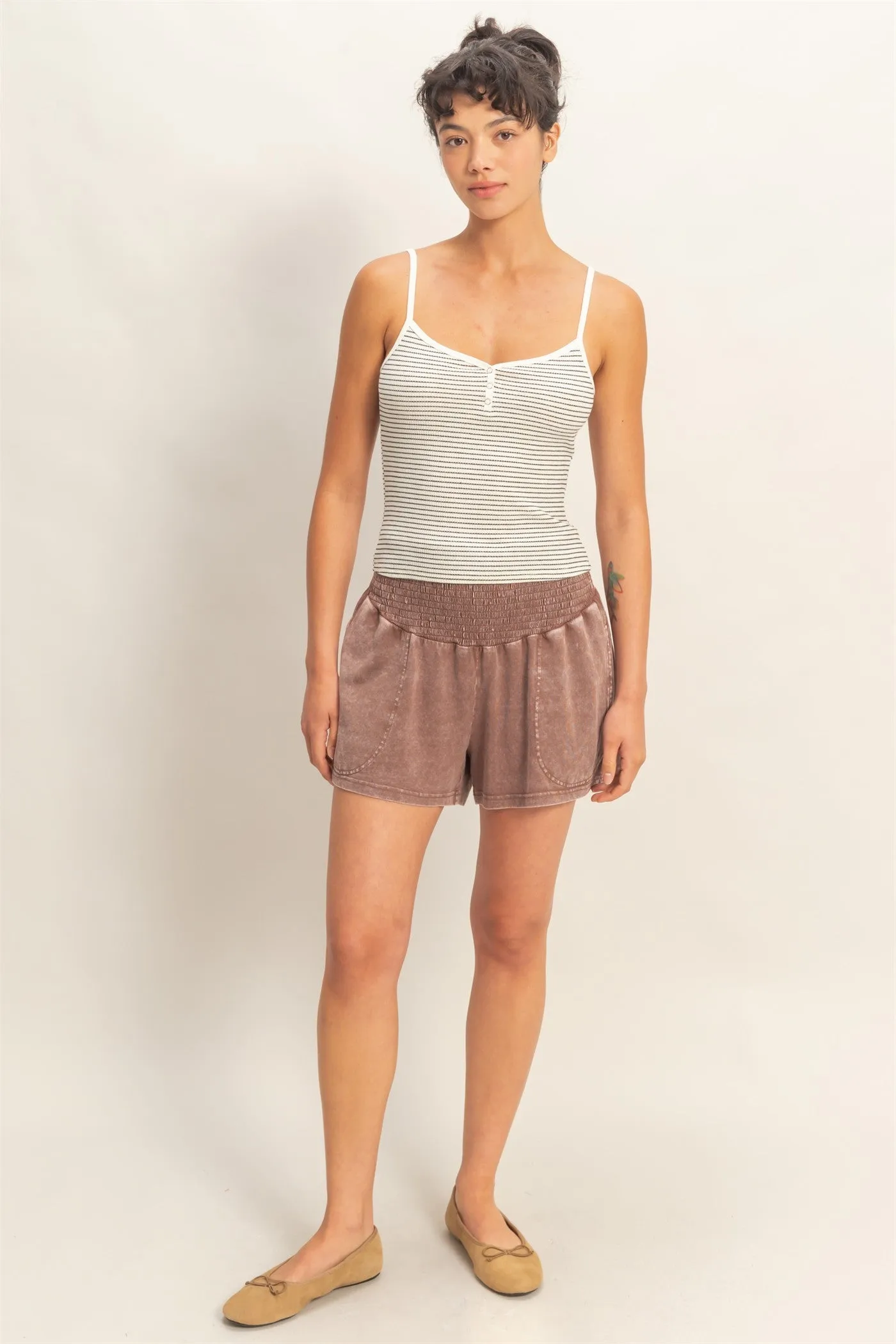 Chocolate Smocked Waist Mineral Wash Shorts sold by Pinkblush