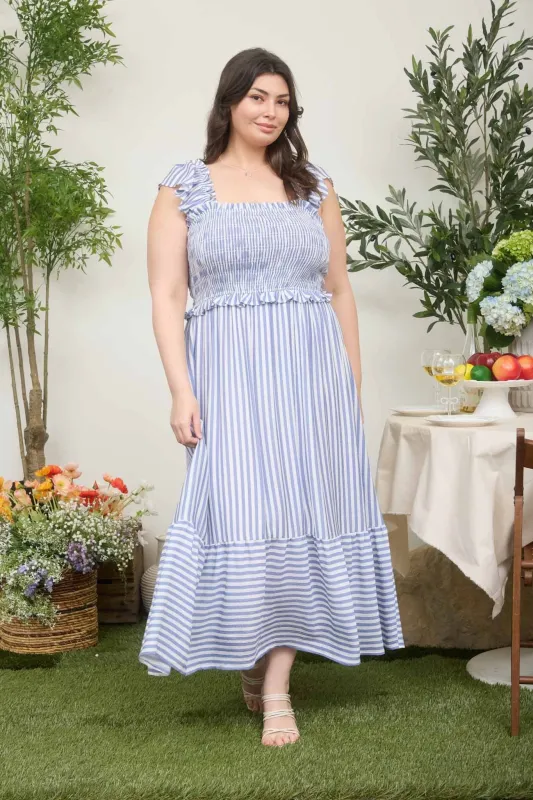 Blue Striped Smocked Plus Midi Dress made by Blu Pepper