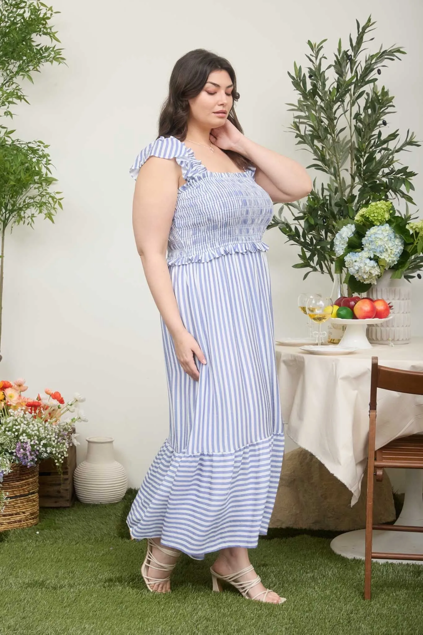 Blue Striped Smocked Plus Midi Dress sold by Pinkblush product image thumbnail 2