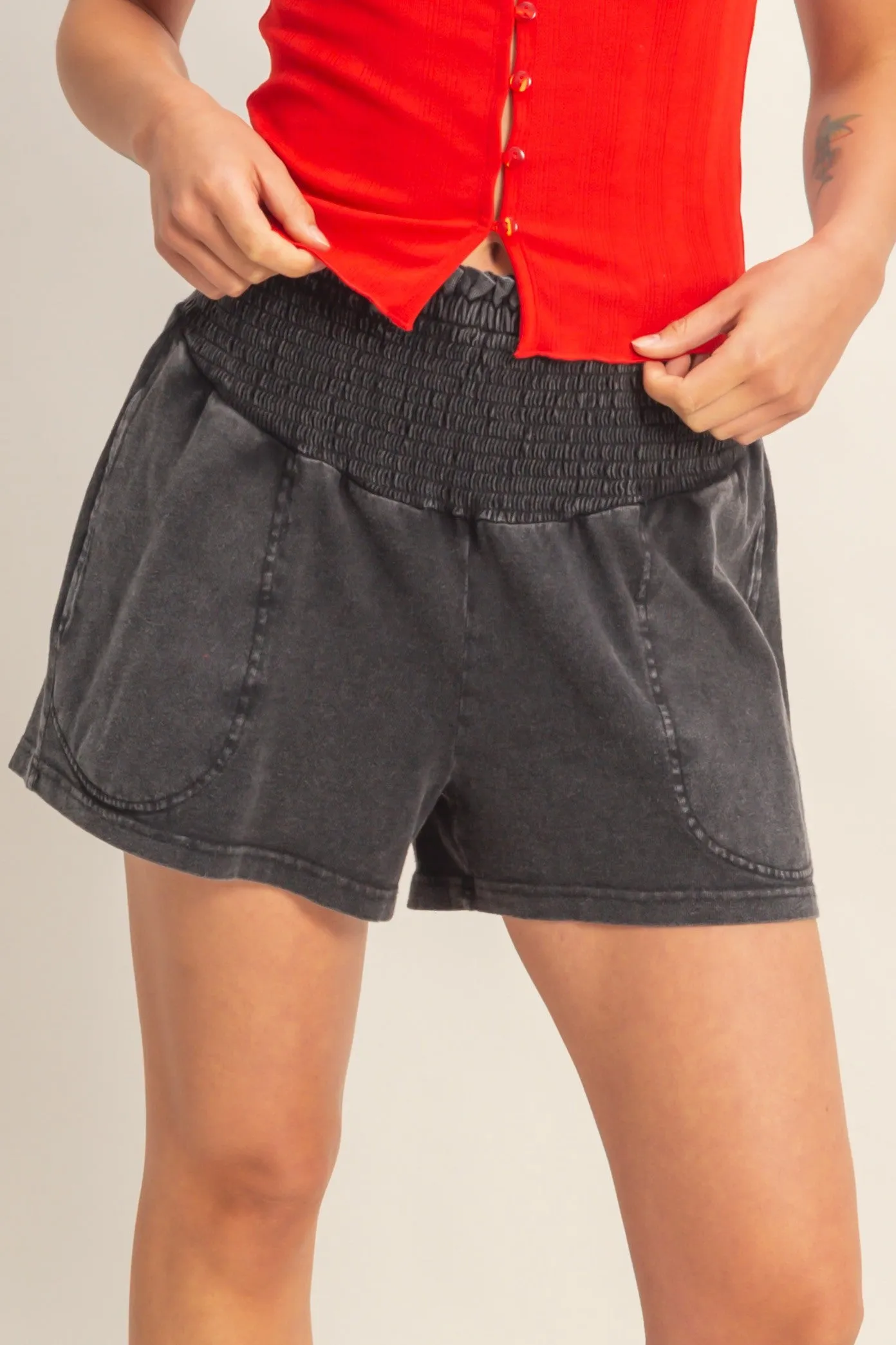 Black Smocked Waist Mineral Wash Shorts sold by Pinkblush product image thumbnail 2