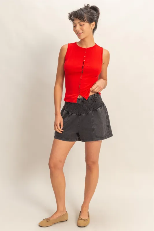 Black Smocked Waist Mineral Wash Shorts made by HYFVE