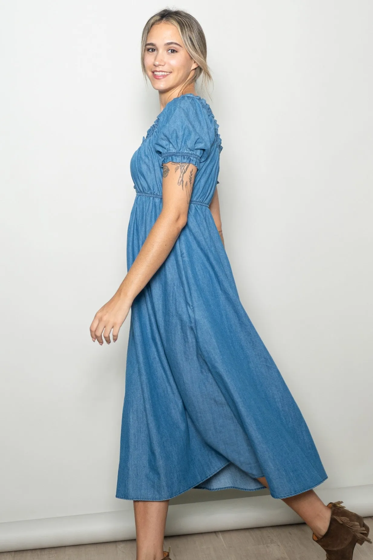 Blue Chambray Ruffle Neckline Midi Dress sold by Pinkblush product image thumbnail 3