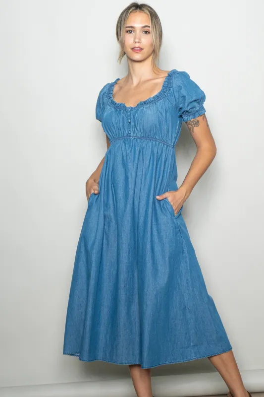 Blue Chambray Ruffle Neckline Midi Dress made by Pinkblush