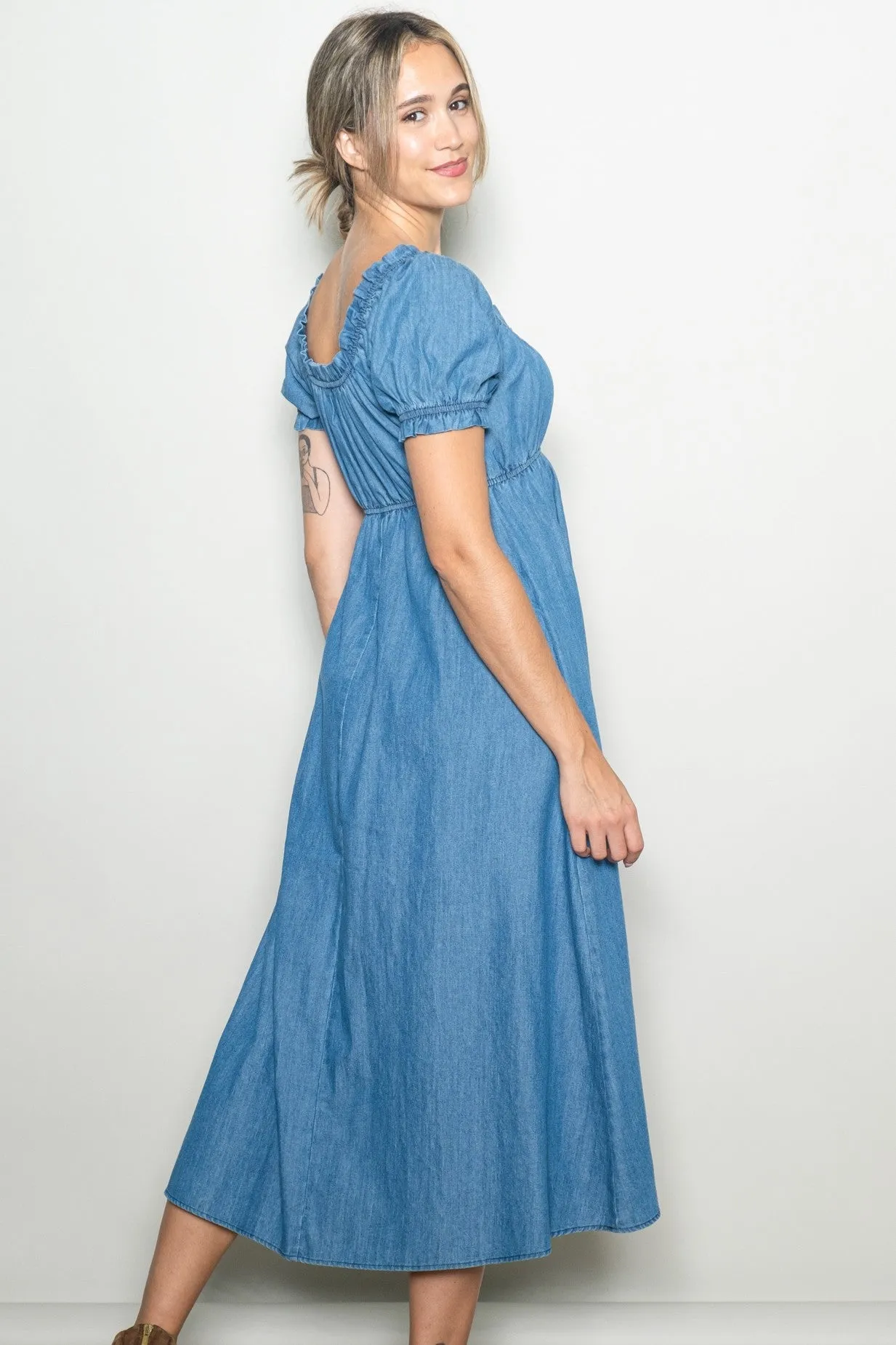 Blue Chambray Ruffle Neckline Midi Dress sold by Pinkblush product image thumbnail 2
