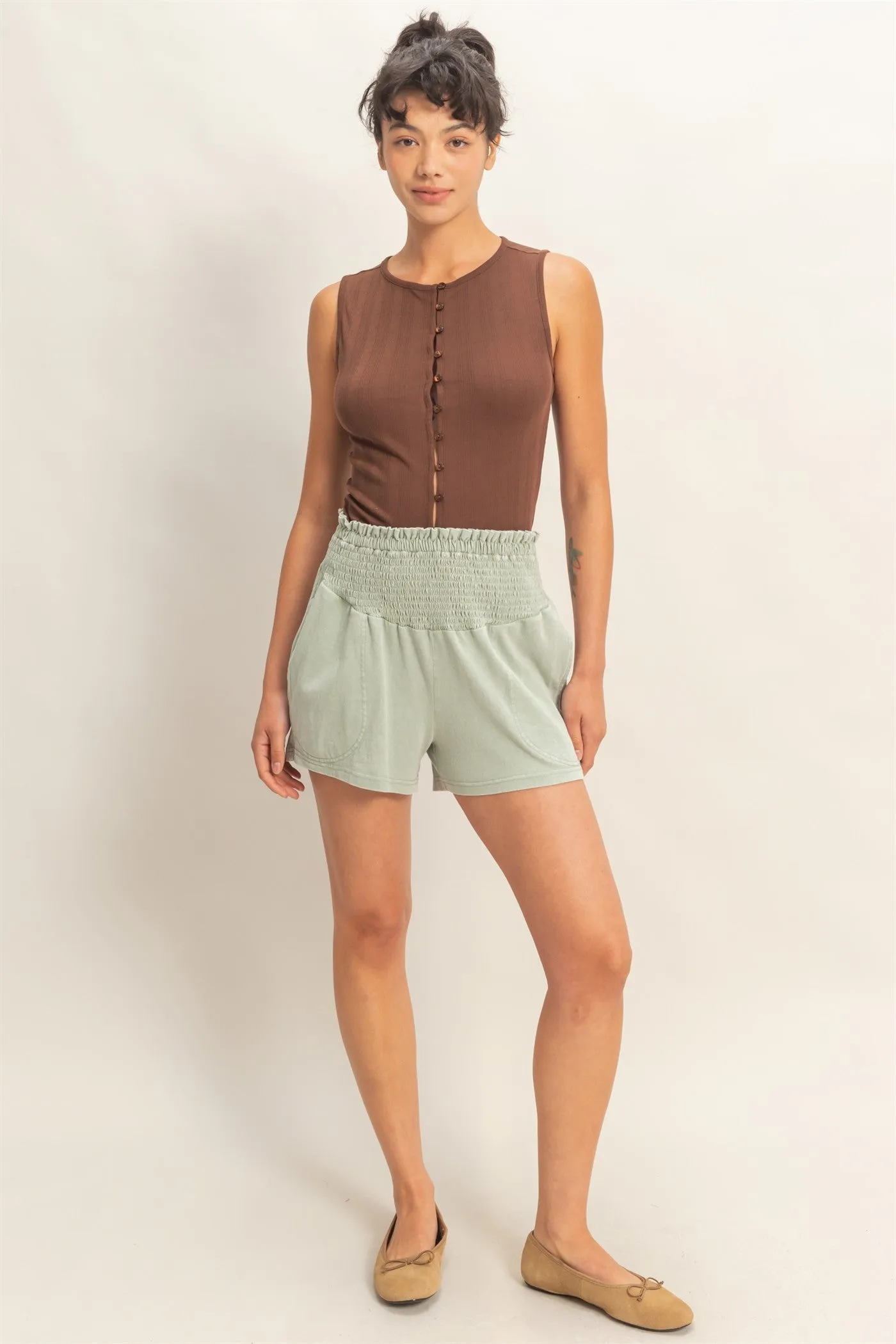 Sage Smocked Waist Mineral Wash Shorts sold by Pinkblush product image thumbnail 3