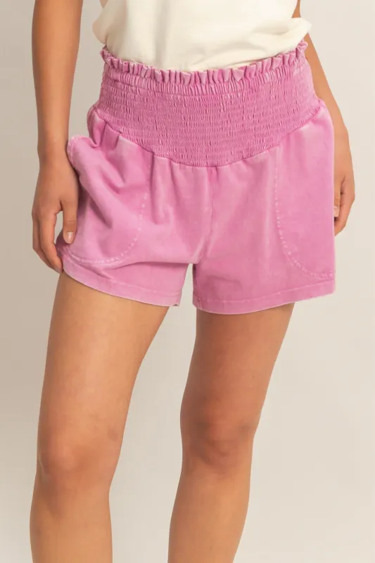 Fuchsia Smocked Waist Mineral Wash Shorts made by HYFVE