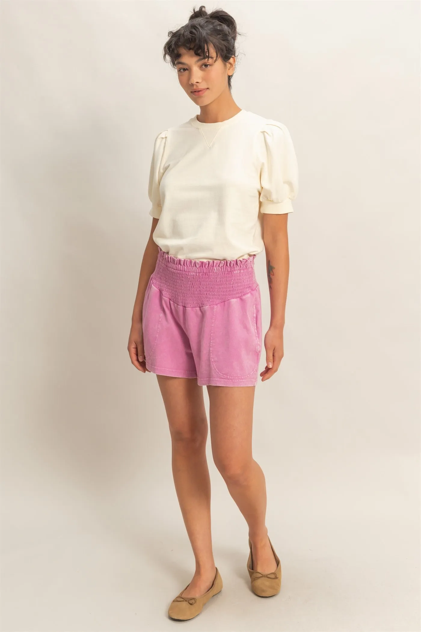 Fuchsia Smocked Waist Mineral Wash Shorts sold by Pinkblush product image thumbnail 2