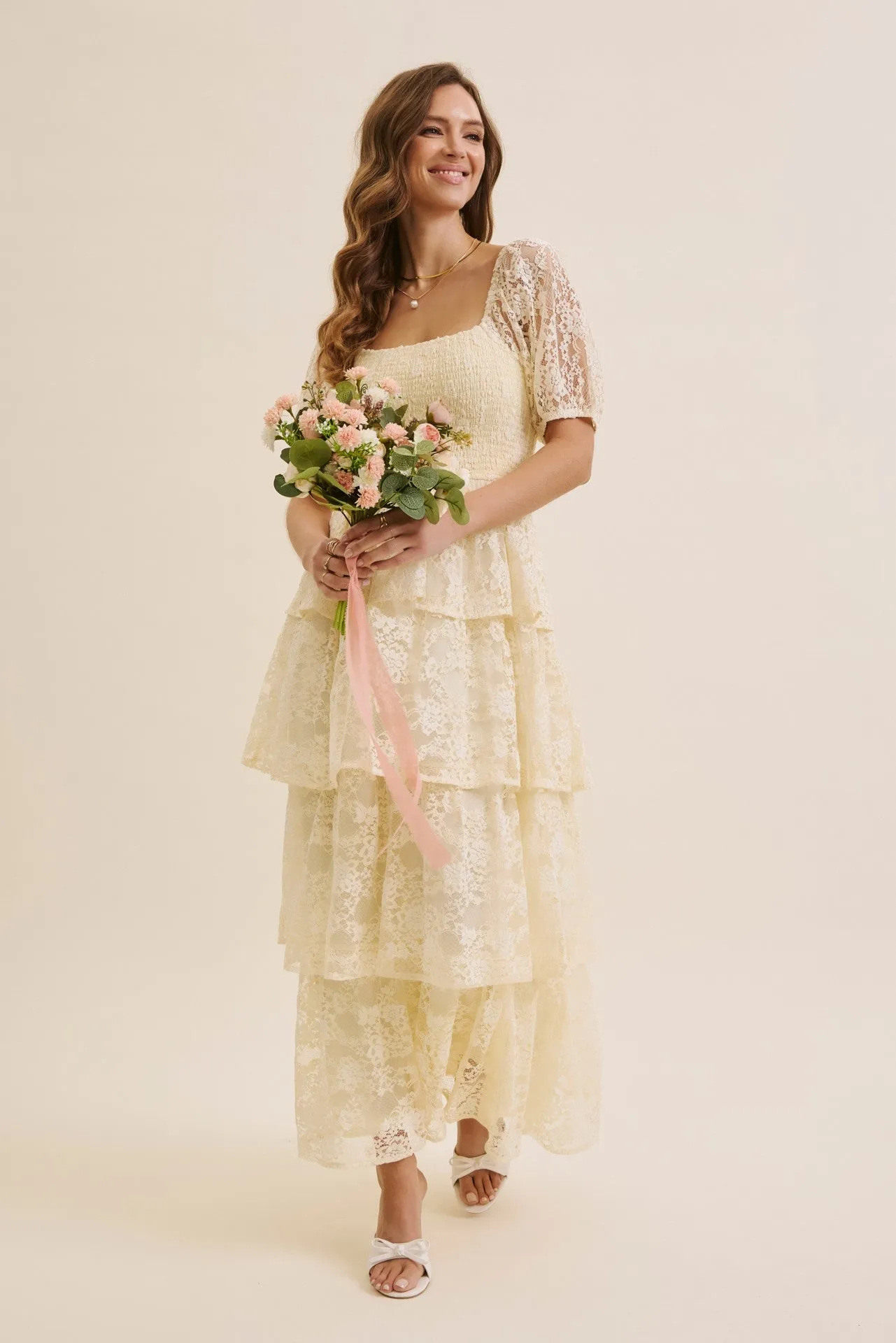 Butter Cream Lace Tiered Smocked Midi Dress sold by Pinkblush product image thumbnail 5