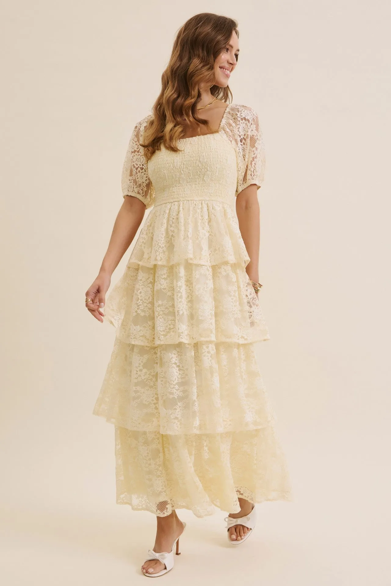 Butter Cream Lace Tiered Smocked Midi Dress sold by Pinkblush product image thumbnail 2