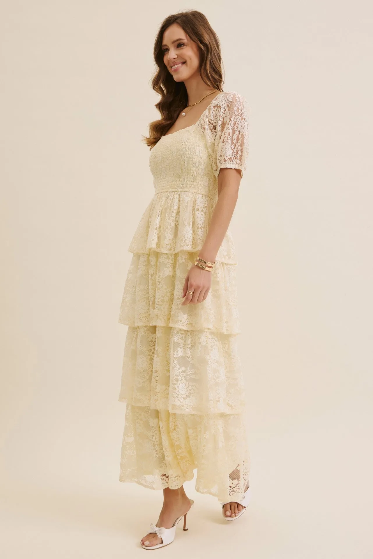 Butter Cream Lace Tiered Smocked Midi Dress sold by Pinkblush product image thumbnail 3