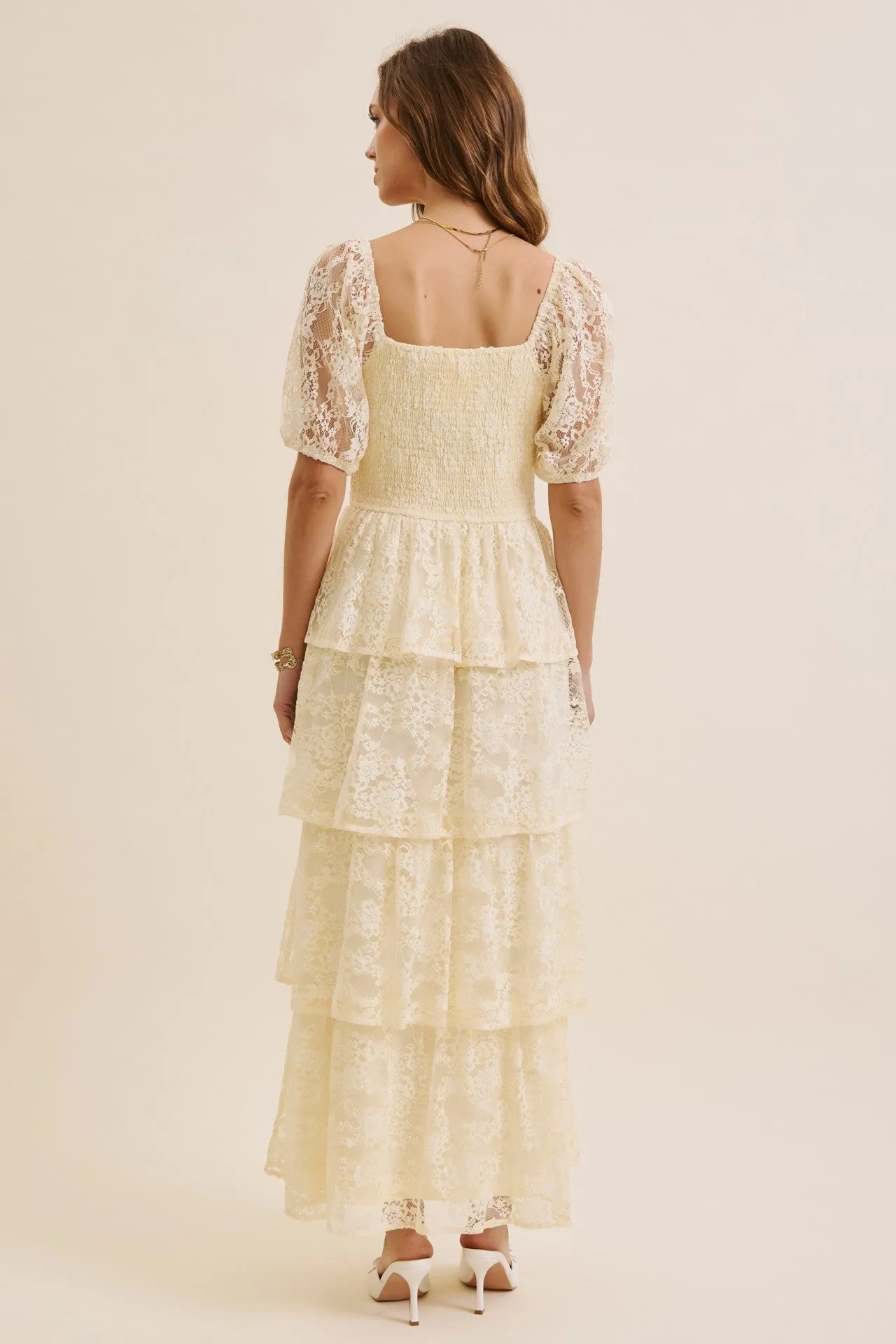 Butter Cream Lace Tiered Smocked Midi Dress sold by Pinkblush product image thumbnail 4