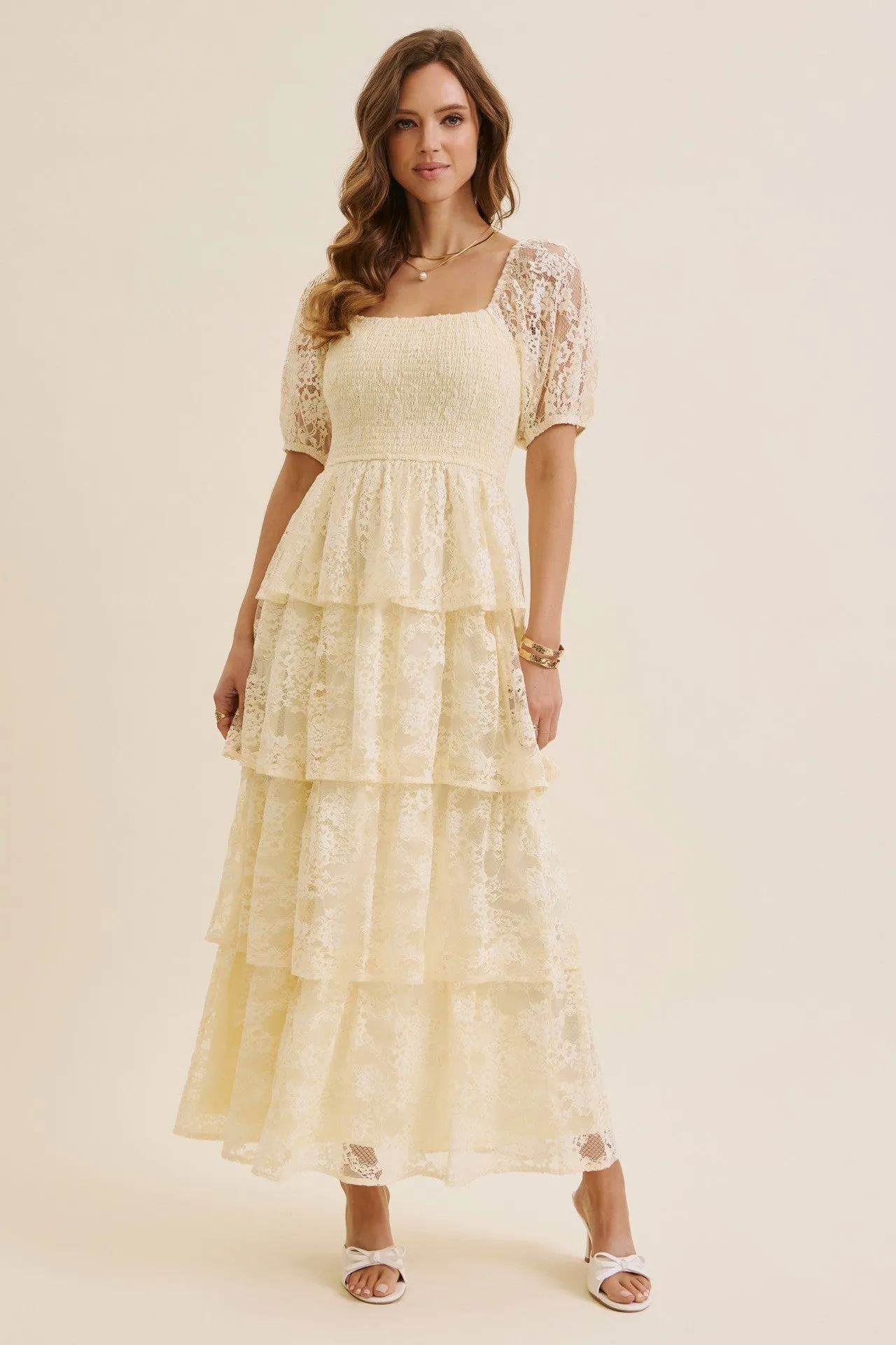 Butter Cream Lace Tiered Smocked Midi Dress sold by Pinkblush