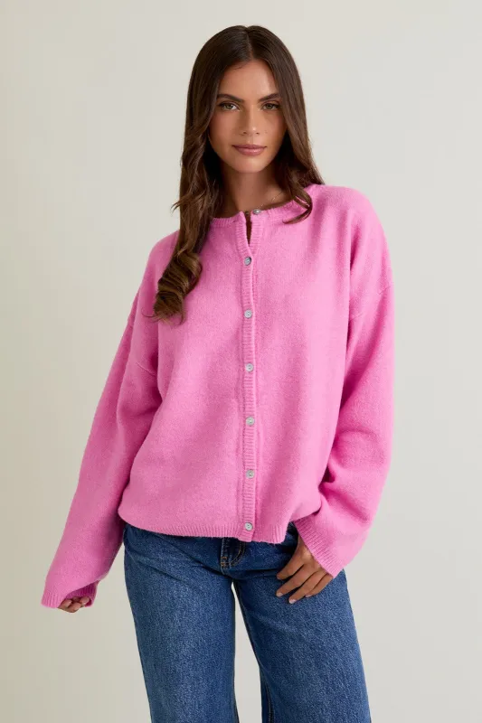 Hot Pink Classic Crew Neck Button Cardigan made by Le Lis