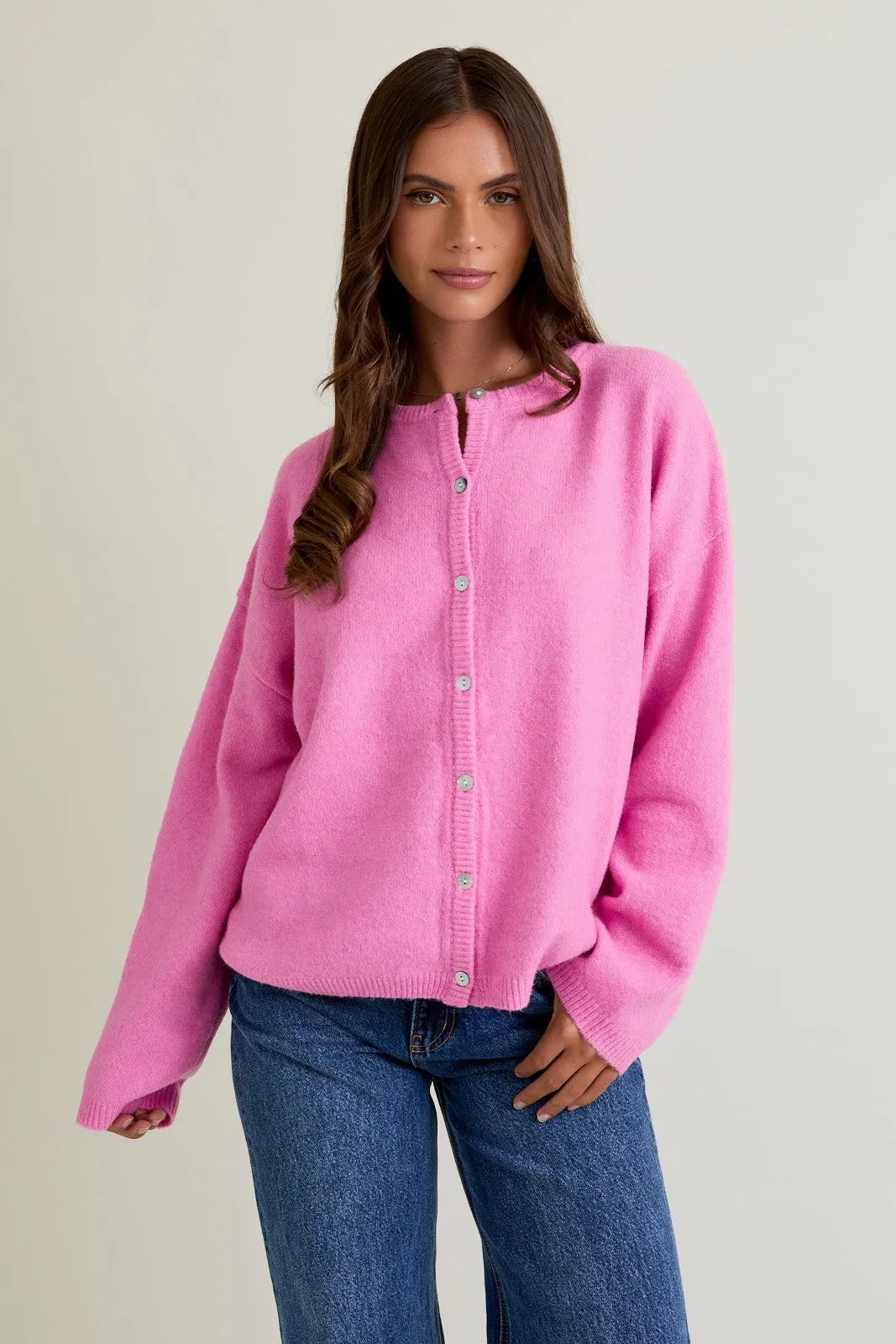 Hot Pink Classic Crew Neck Button Cardigan sold by Pinkblush