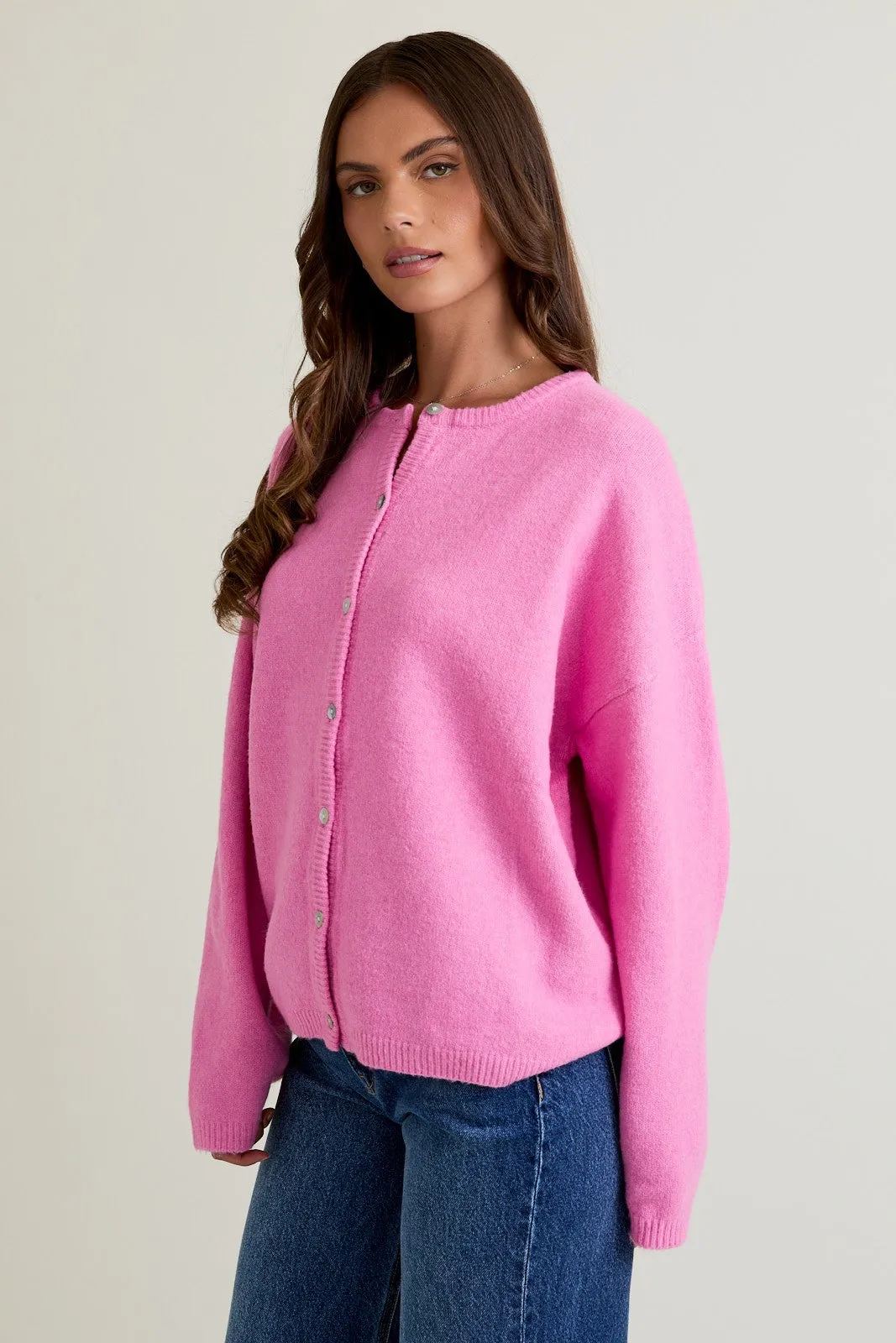 Hot Pink Classic Crew Neck Button Cardigan sold by Pinkblush product image thumbnail 2