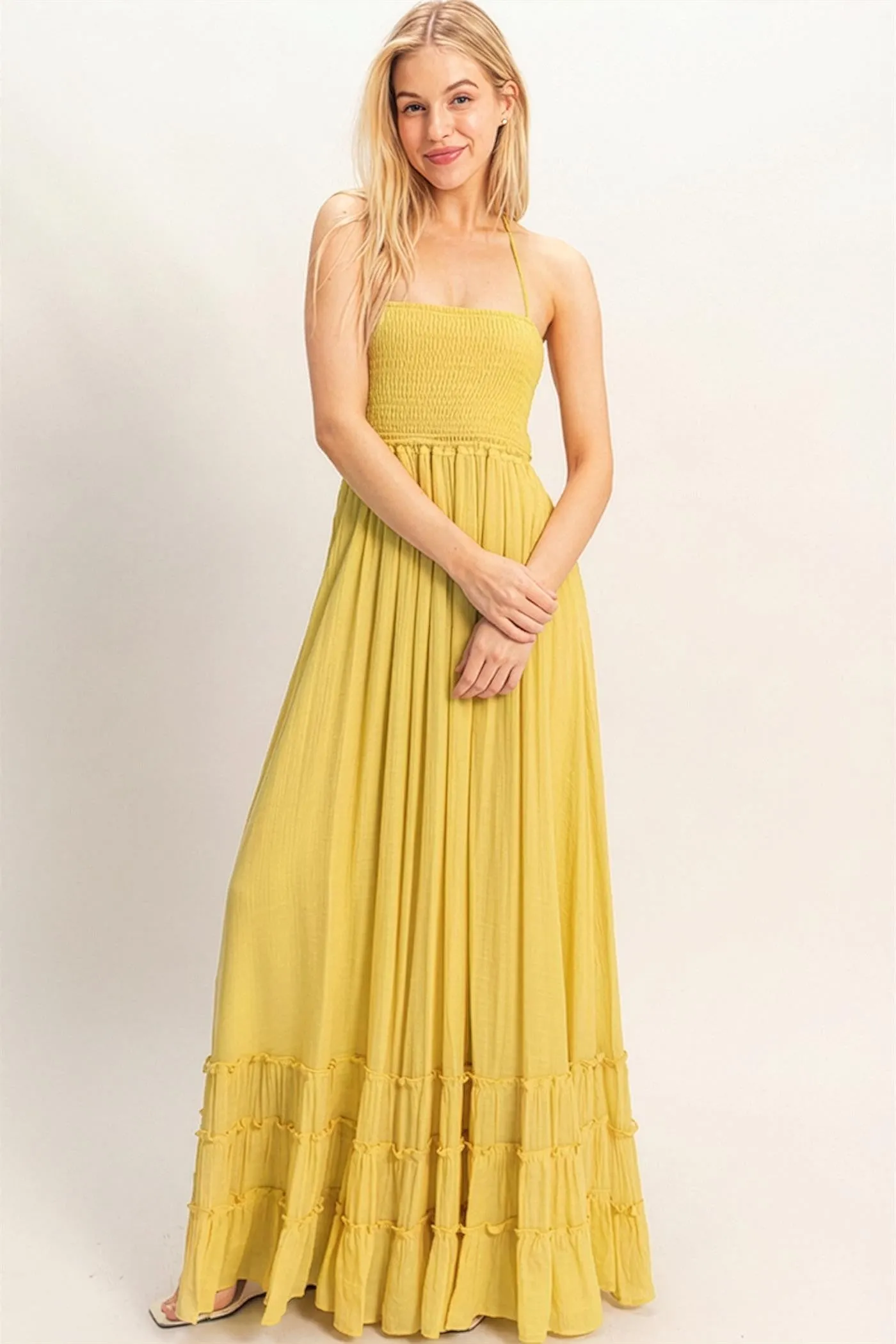 Yellow Smocked Halter Open Back Maxi Dress sold by Pinkblush product image thumbnail 2