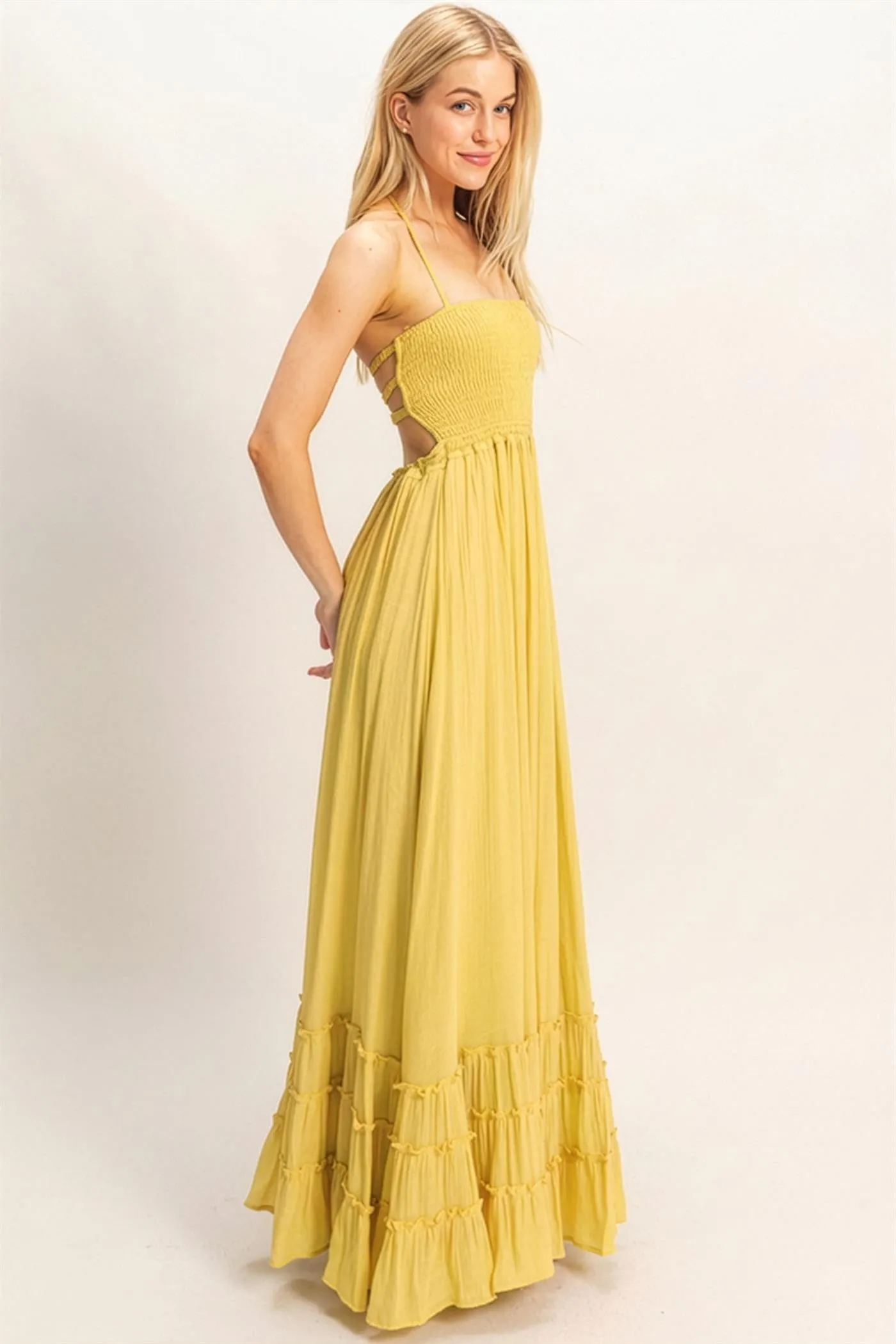Yellow Smocked Halter Open Back Maxi Dress sold by Pinkblush product image thumbnail 3