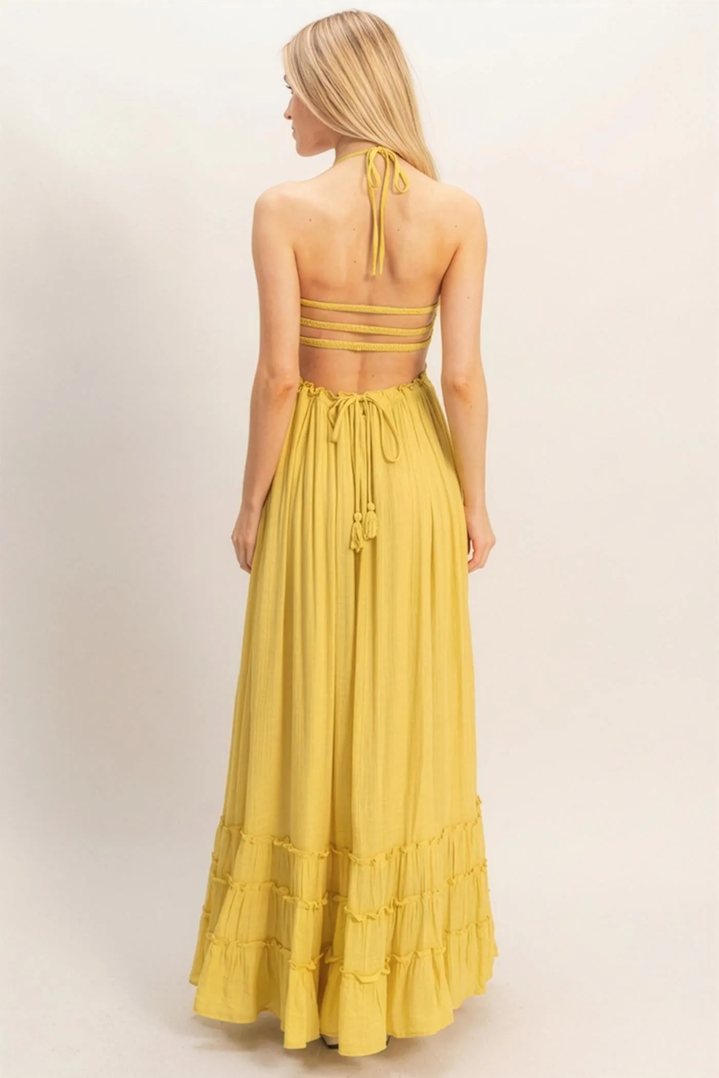 Yellow Smocked Halter Open Back Maxi Dress sold by Pinkblush product image thumbnail 4