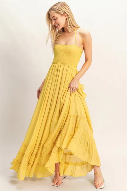 Yellow Smocked Halter Open Back Maxi Dress made by HYFVE