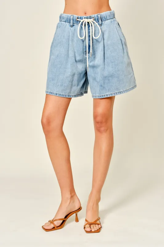 Light Denim Midi Pleated Shorts made by Pinkblush