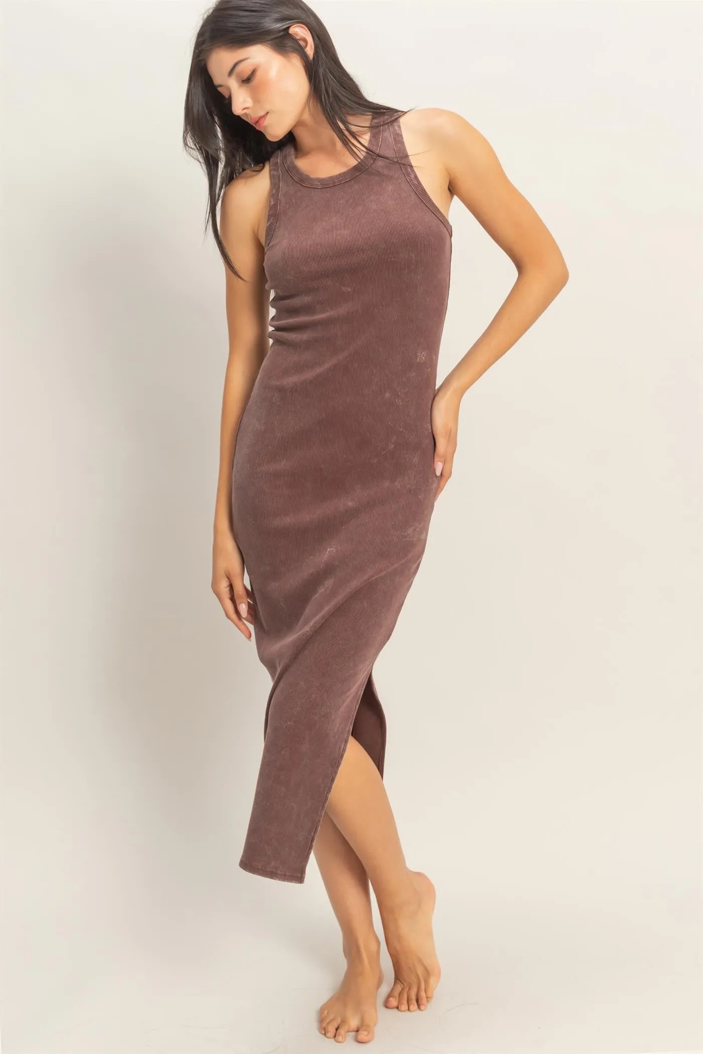 Brown Acid Washed Ribbed Midi Tank Dress sold by Pinkblush product image thumbnail 2