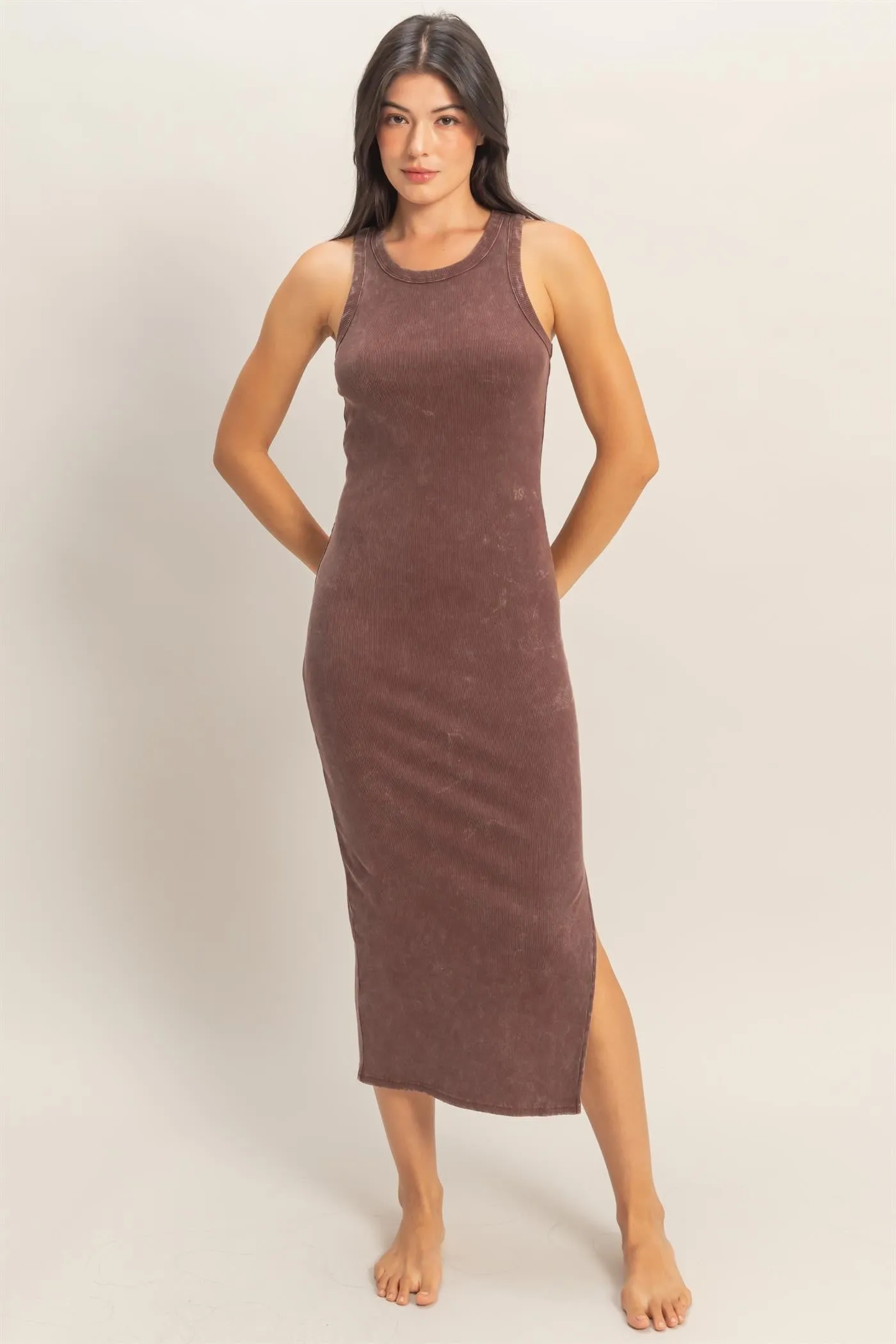 Brown Acid Washed Ribbed Midi Tank Dress sold by Pinkblush