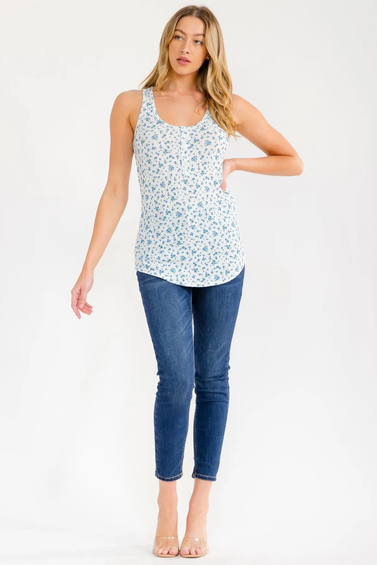 Blue Floral Print Button Front Tank Top sold by Pinkblush product image thumbnail 4