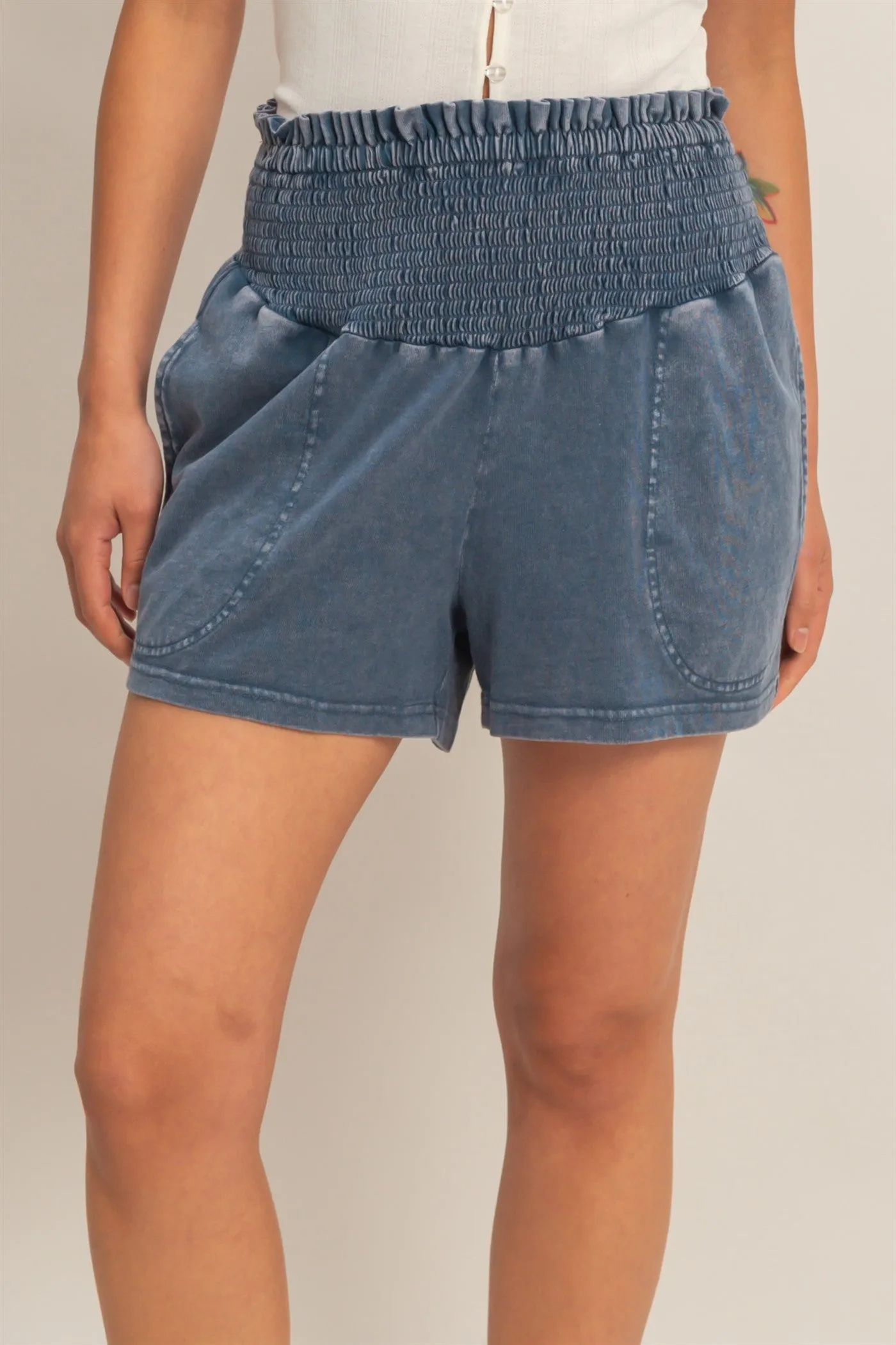 Navy Smocked Waist Mineral Wash Shorts sold by Pinkblush product image thumbnail 2