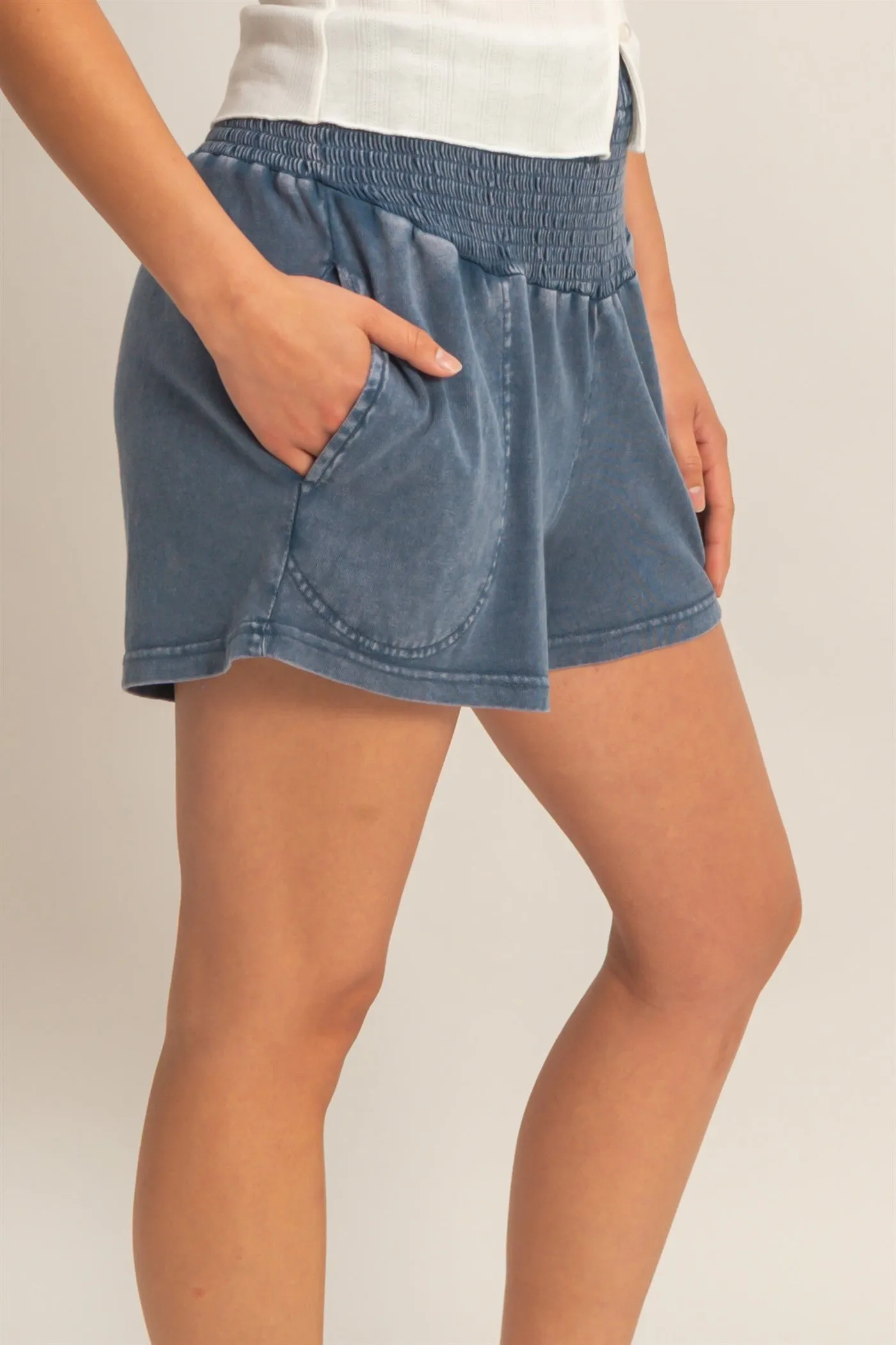 Navy Smocked Waist Mineral Wash Shorts sold by Pinkblush product image thumbnail 3