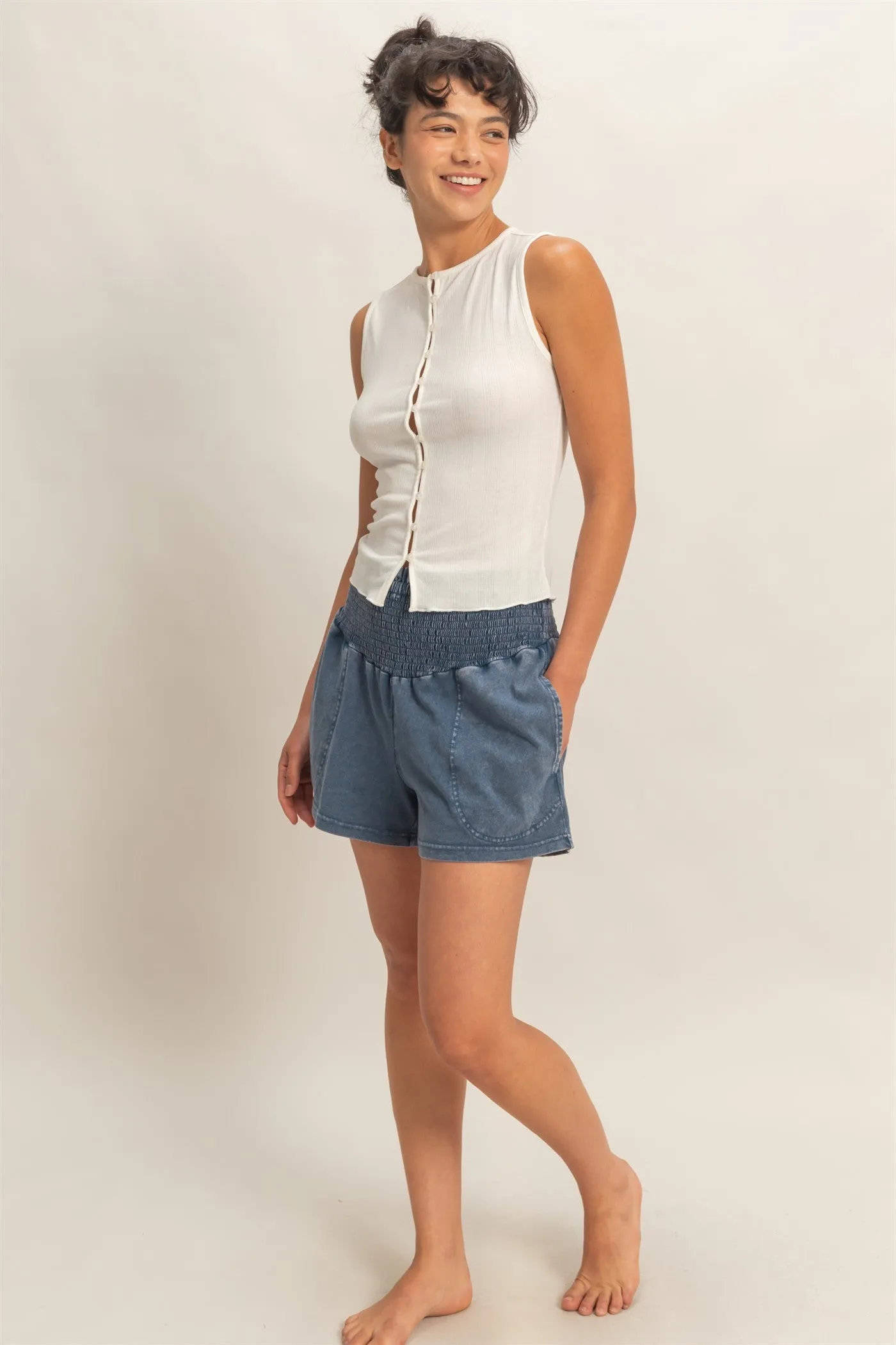 Navy Smocked Waist Mineral Wash Shorts sold by Pinkblush