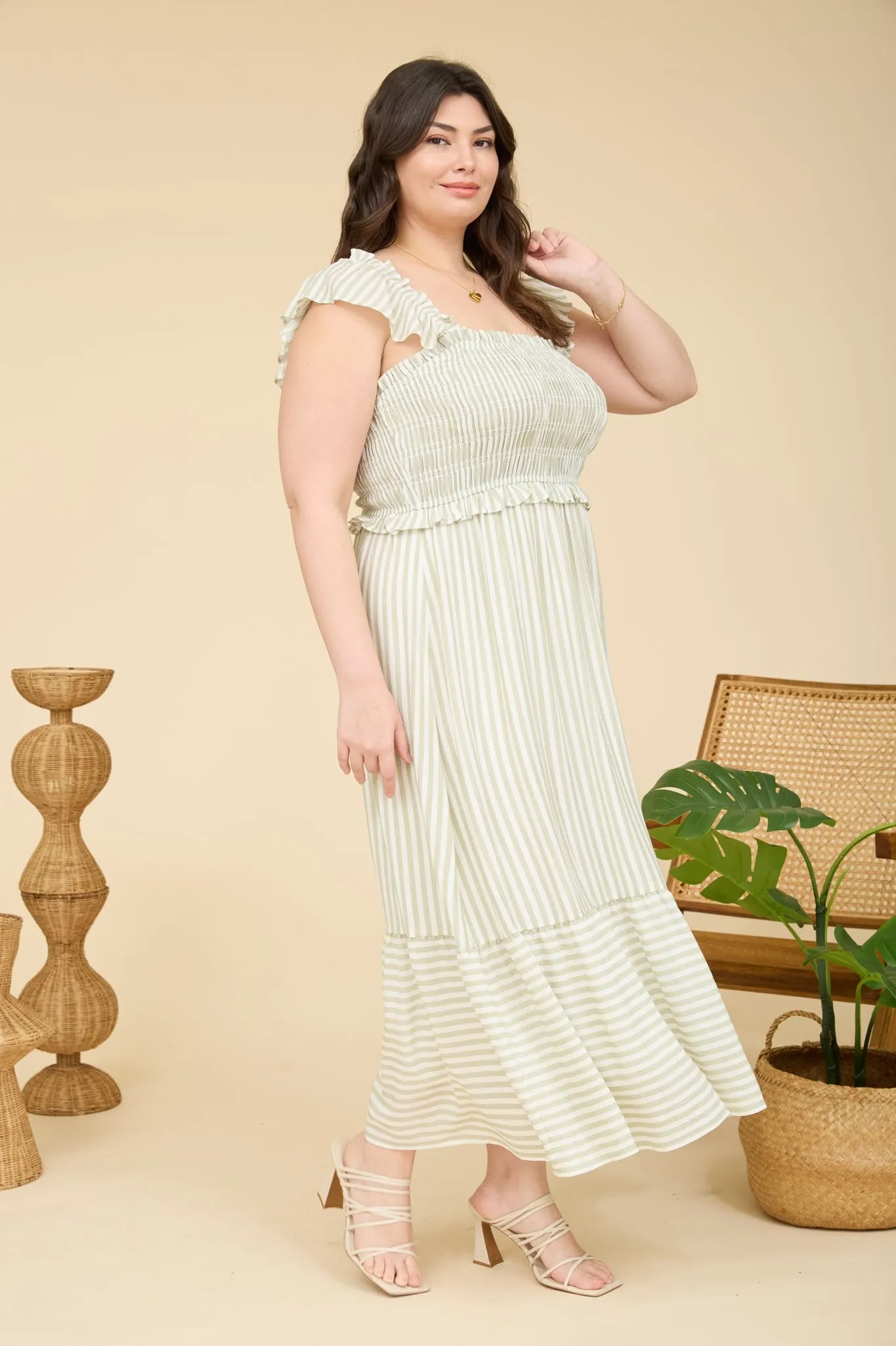 Light Olive Striped Smocked Plus Midi Dress sold by Pinkblush product image thumbnail 3