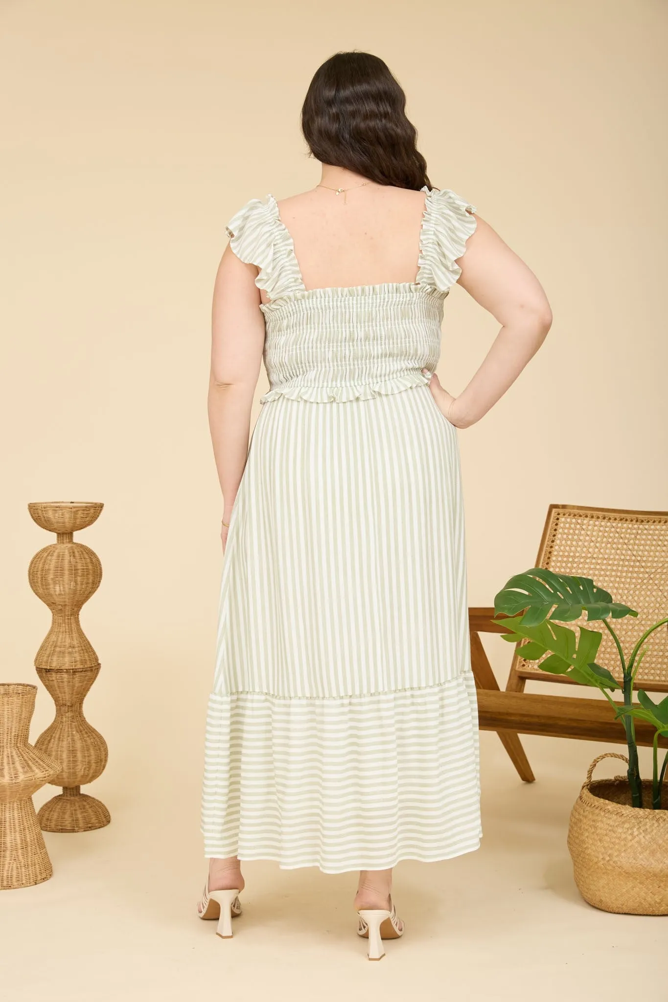 Light Olive Striped Smocked Plus Midi Dress sold by Pinkblush product image thumbnail 4