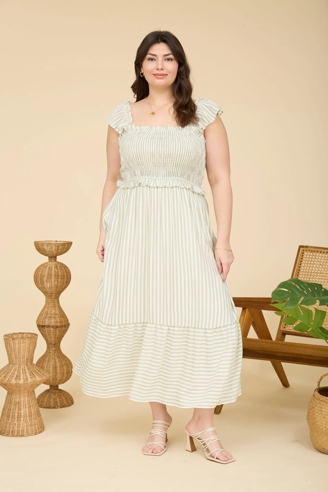 Light Olive Striped Smocked Plus Midi Dress sold by Pinkblush