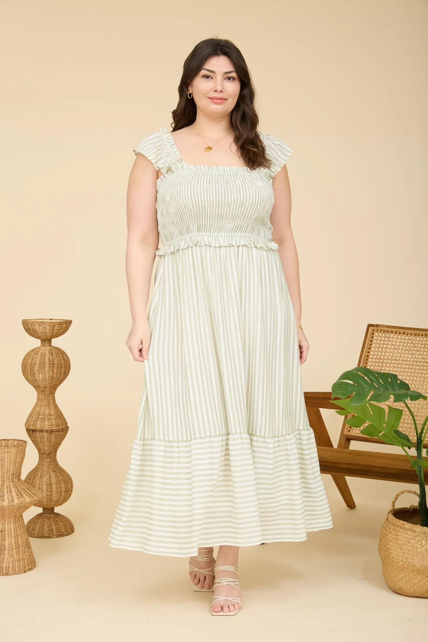 Light Olive Striped Smocked Plus Midi Dress sold by Pinkblush product image thumbnail 2
