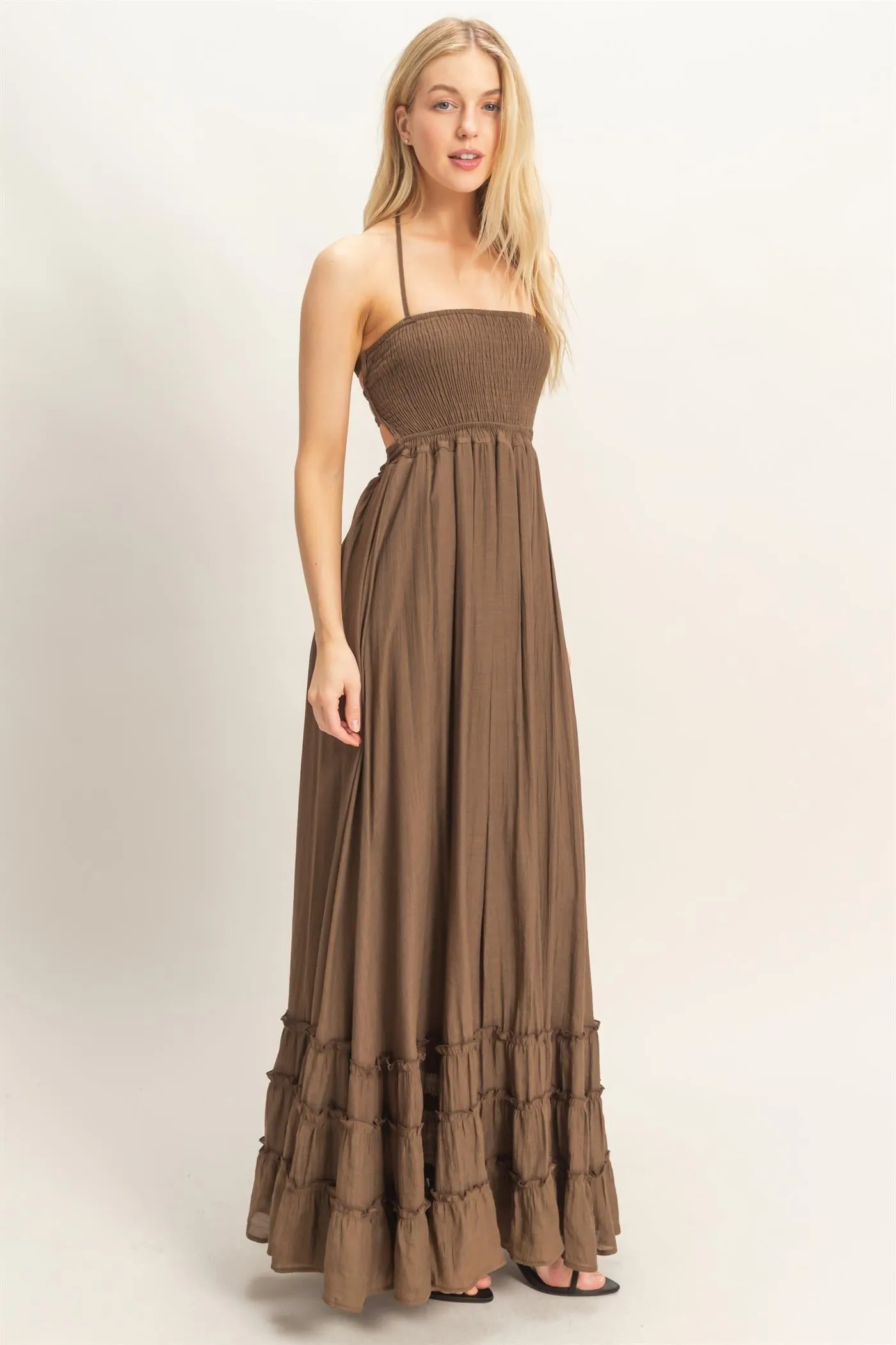 Chocolate Smocked Halter Open Back Maxi Dress sold by Pinkblush product image thumbnail 3