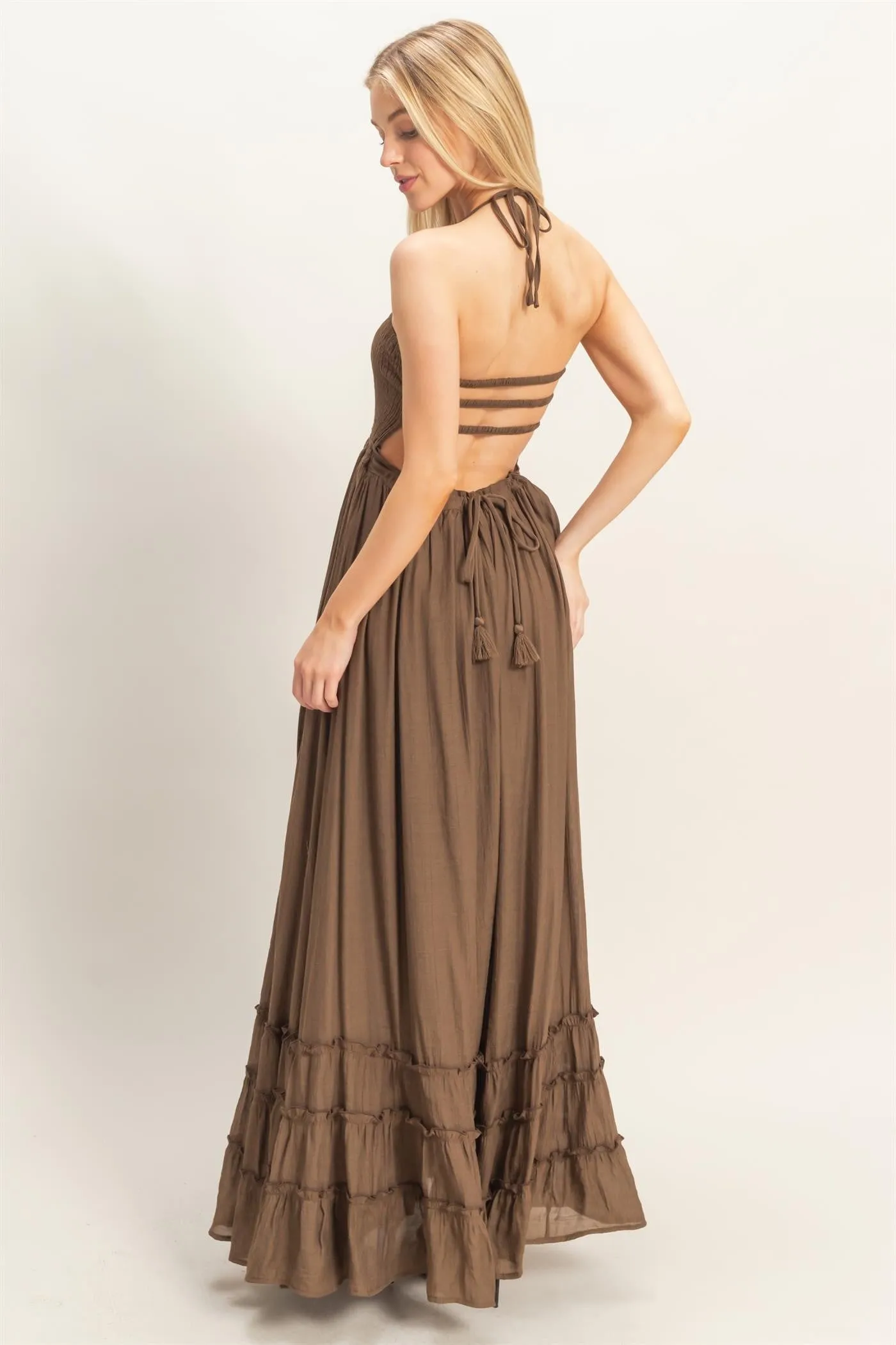Chocolate Smocked Halter Open Back Maxi Dress sold by Pinkblush product image thumbnail 4