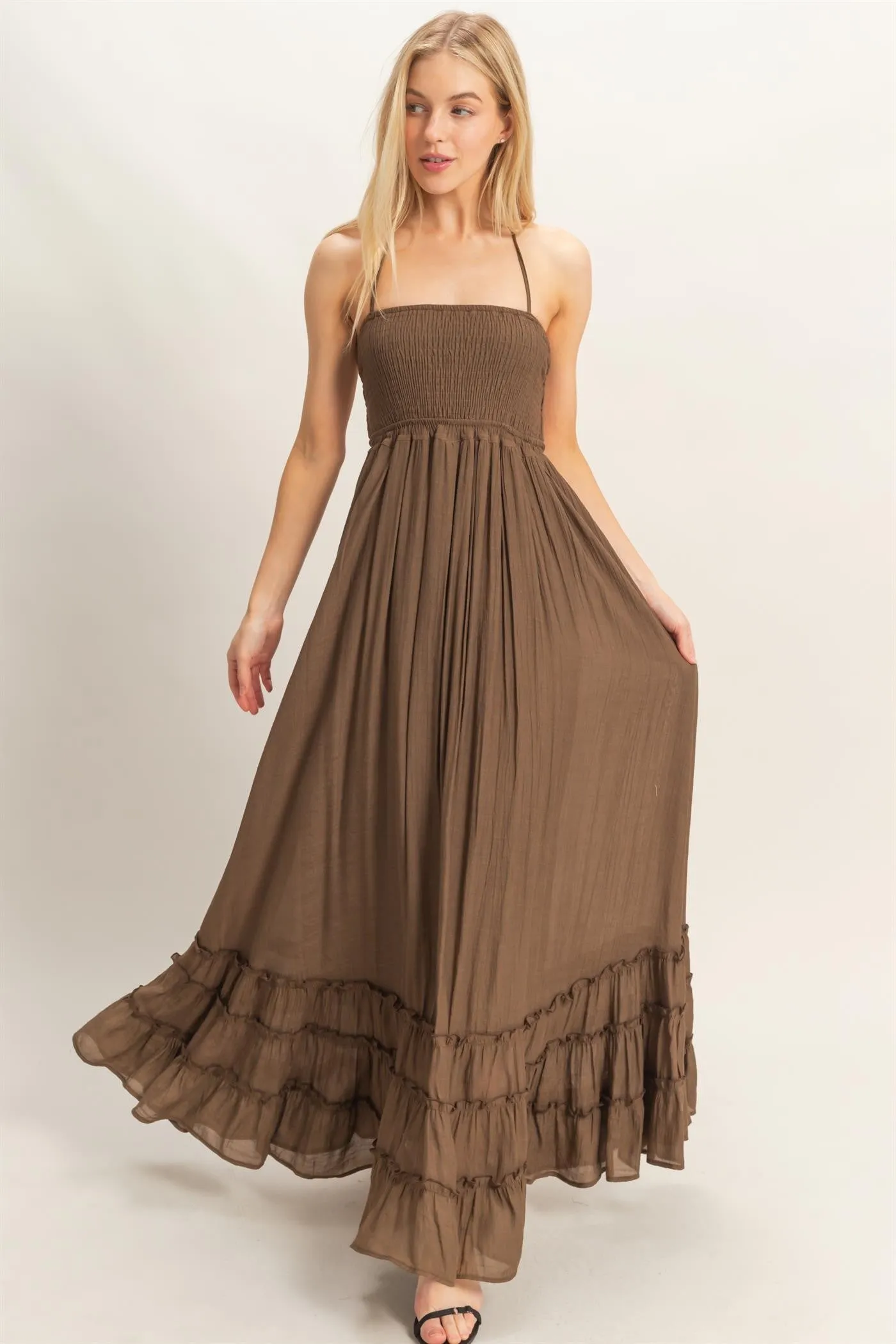 Chocolate Smocked Halter Open Back Maxi Dress sold by Pinkblush