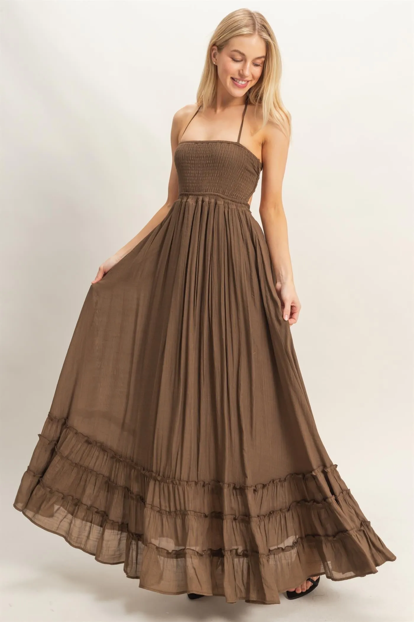 Chocolate Smocked Halter Open Back Maxi Dress sold by Pinkblush product image thumbnail 2