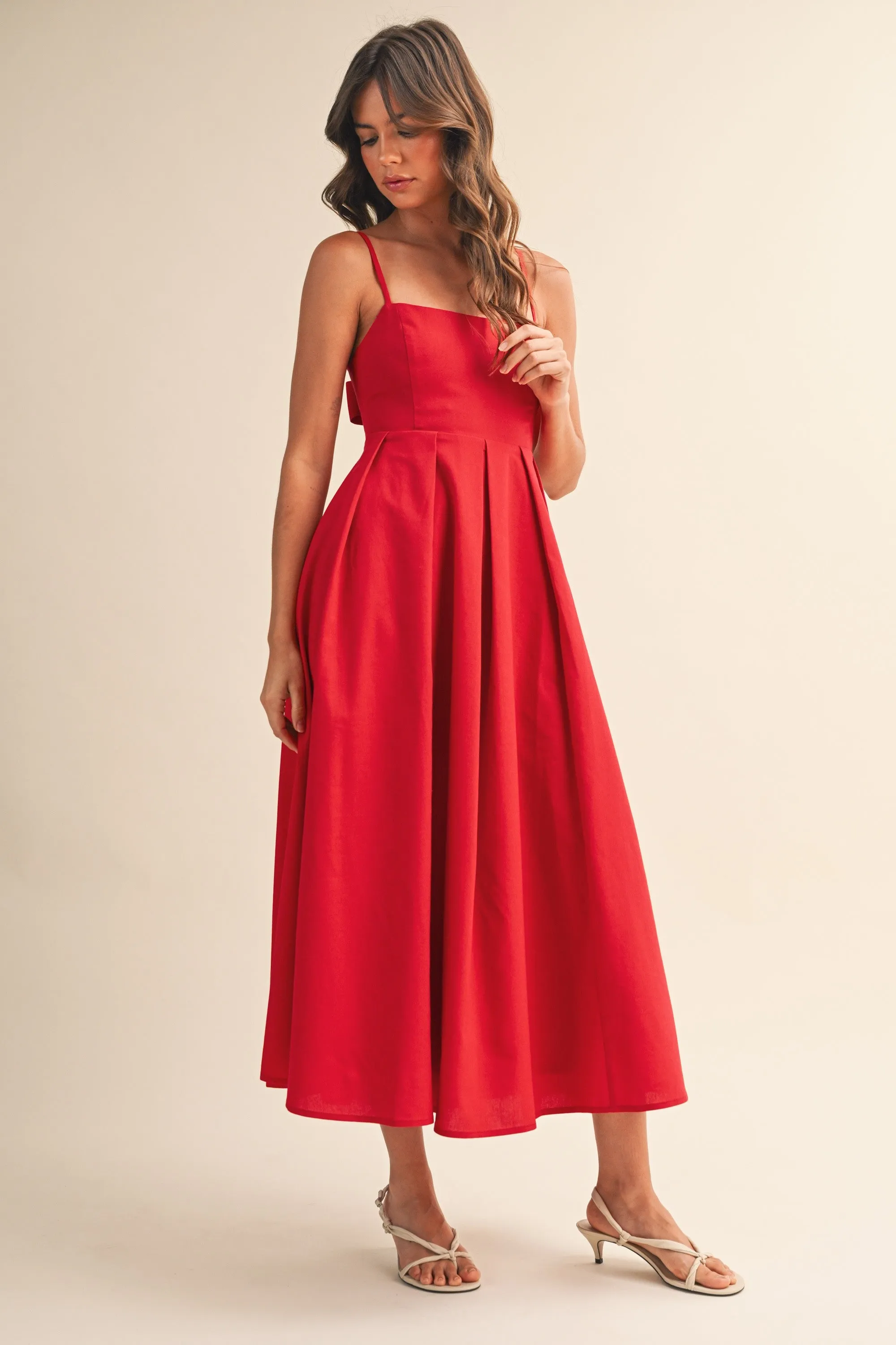 Red Linen Sleeveless Tie Back Flared Midi Dress sold by Pinkblush product image thumbnail 3