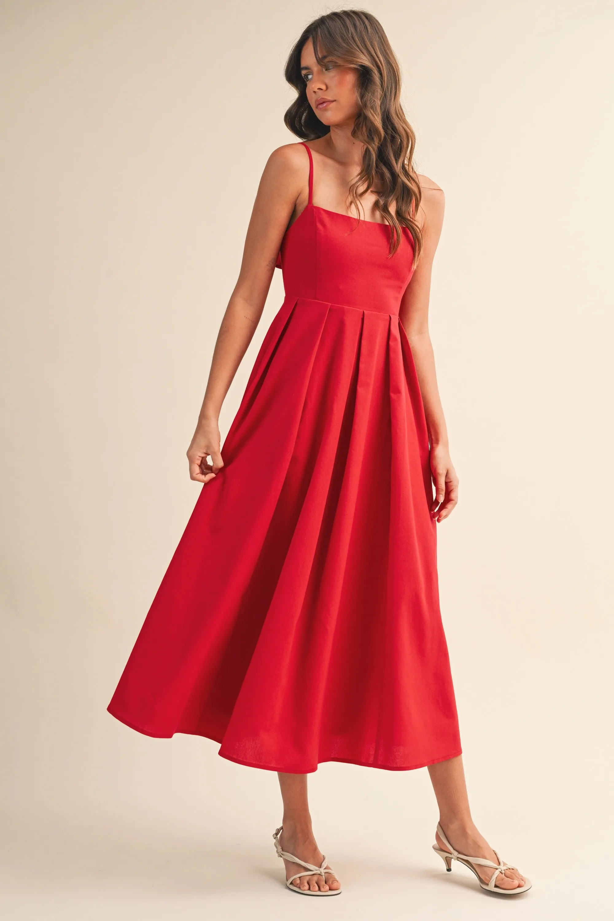 Red Linen Sleeveless Tie Back Flared Midi Dress sold by Pinkblush product image thumbnail 4